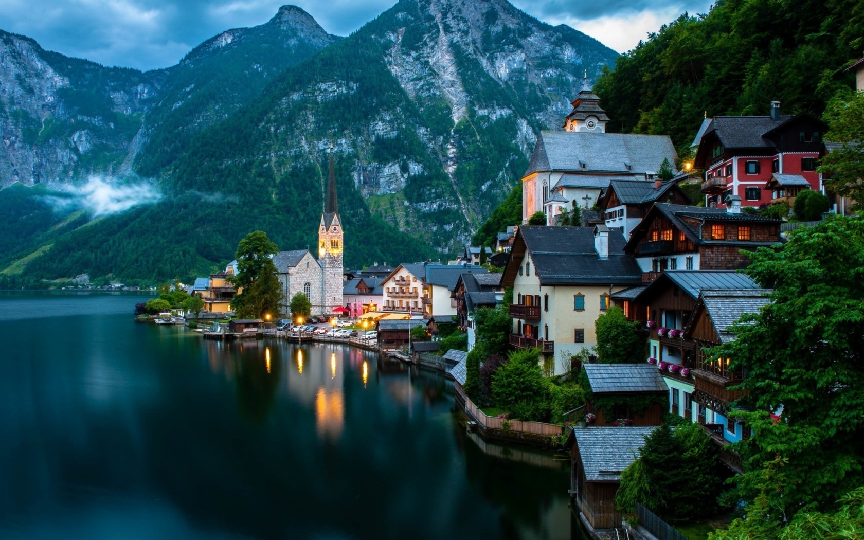 hallstatt, austria, lake, water, mountain, tree, light