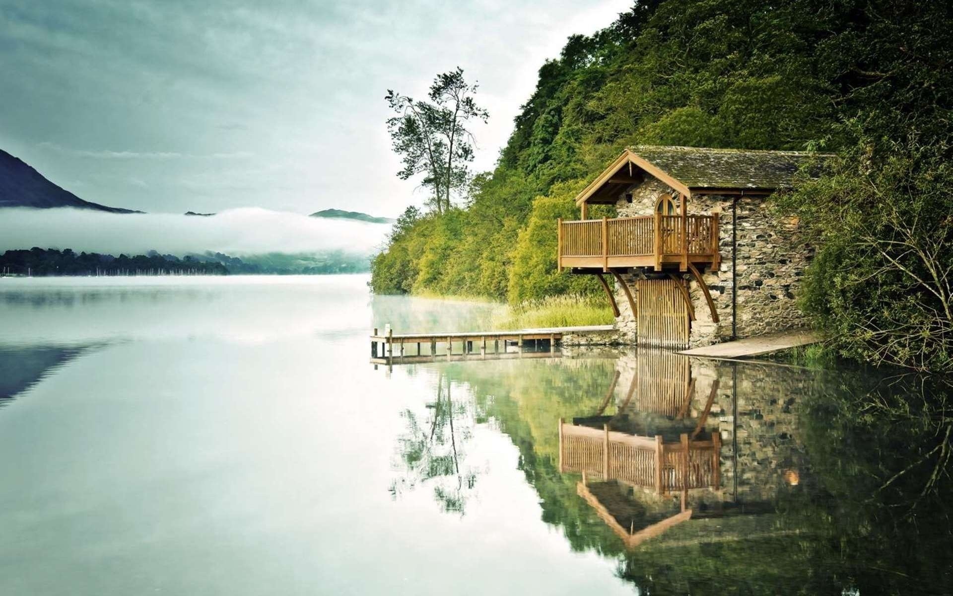 house, shore, lake, water, mist, tree