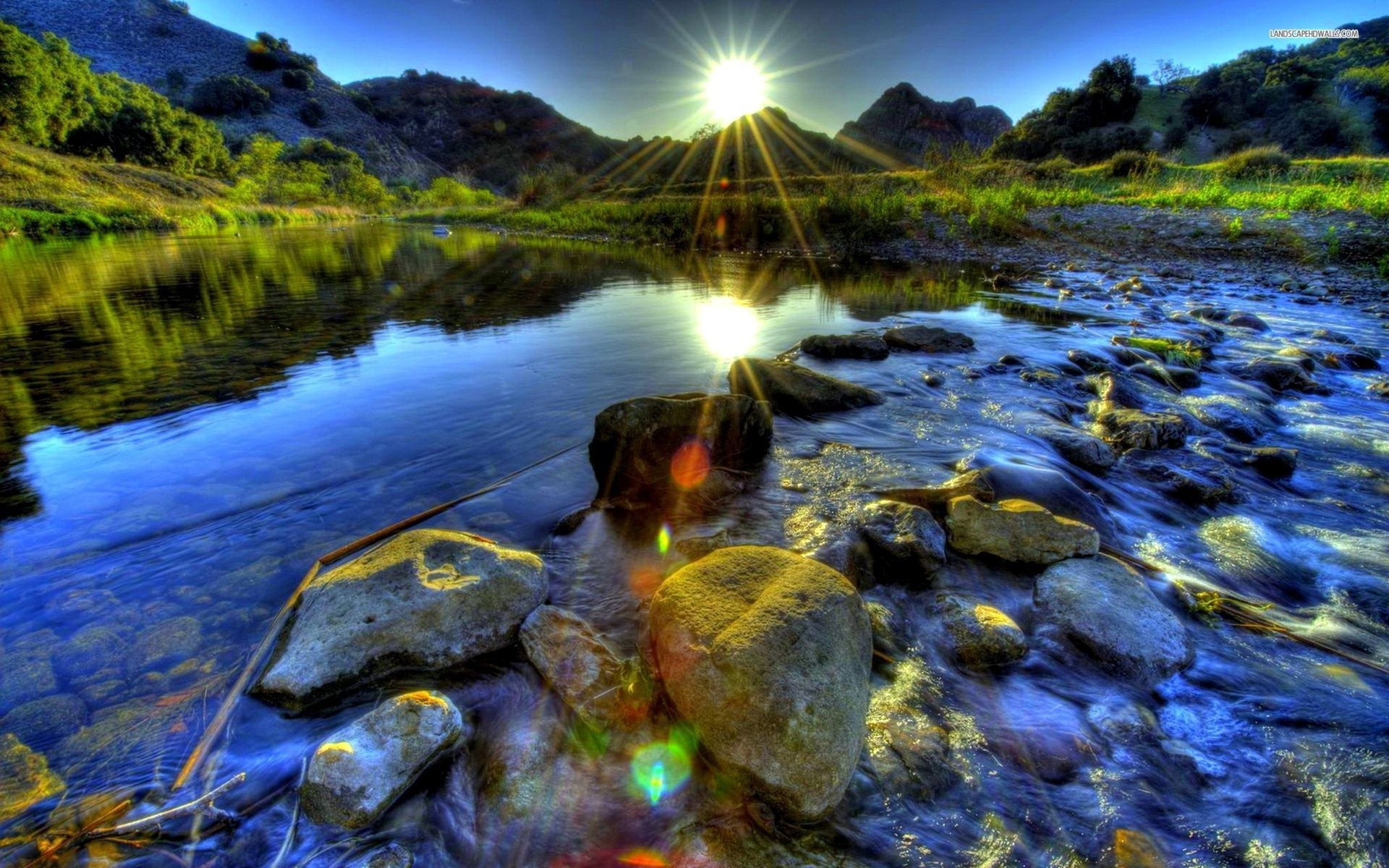 summer, sunrise, water, river, rock, grass