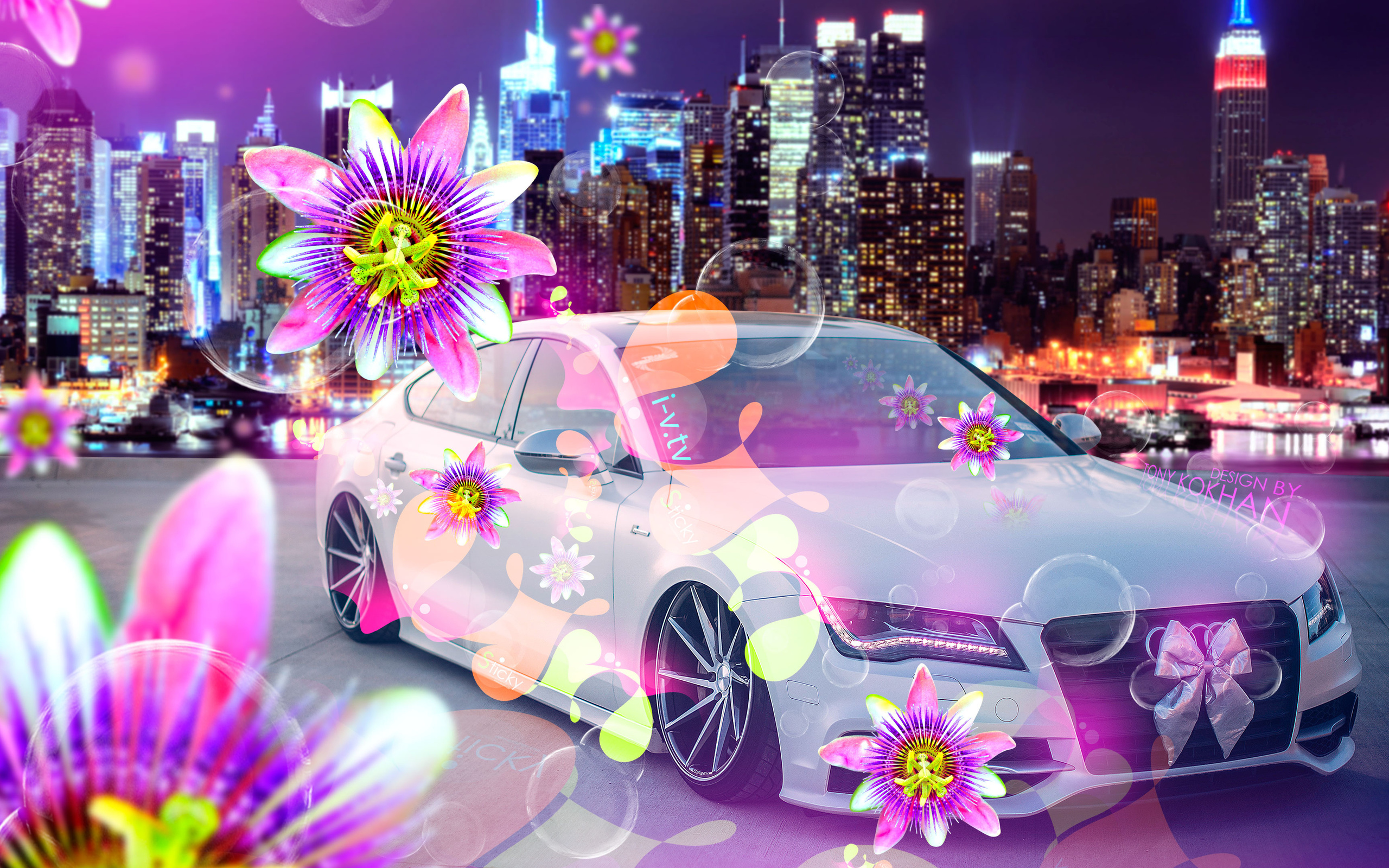 tony kokhan, audi, a7, tuning, el tony cars, creative, 4k, wallpapers, design, art, style, glamour, ino vision, tv, city, flowers, effects, multicolors, pink, neon, auto, photoshop, march 8, holiday, for, girls, bubble, night,  , , , 