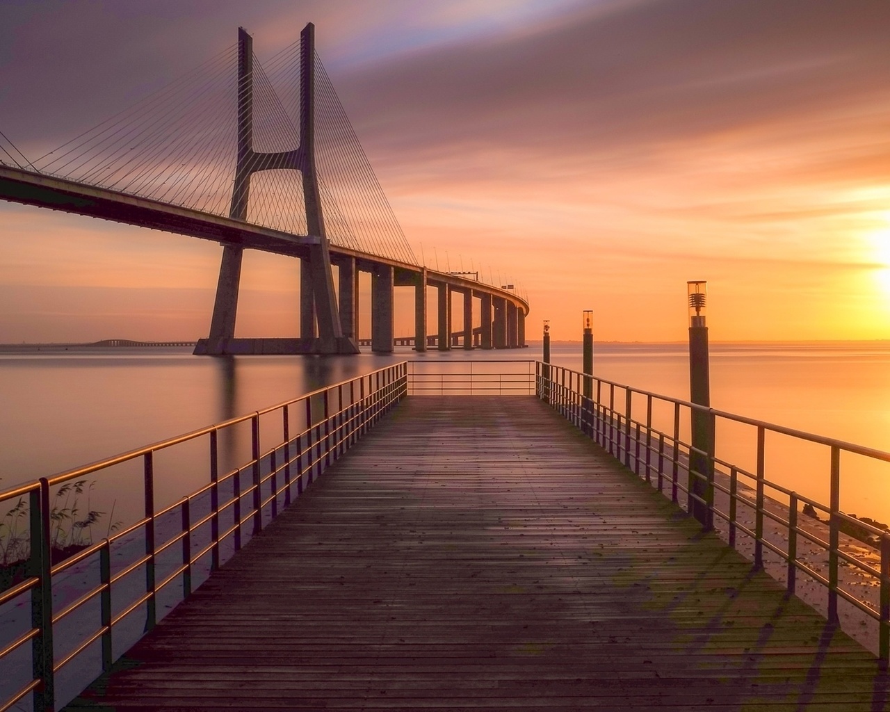 vasco da gama, bridge, sunset, sea, water