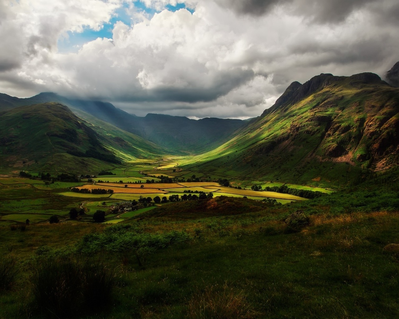 valley, mountain, houses, clouds