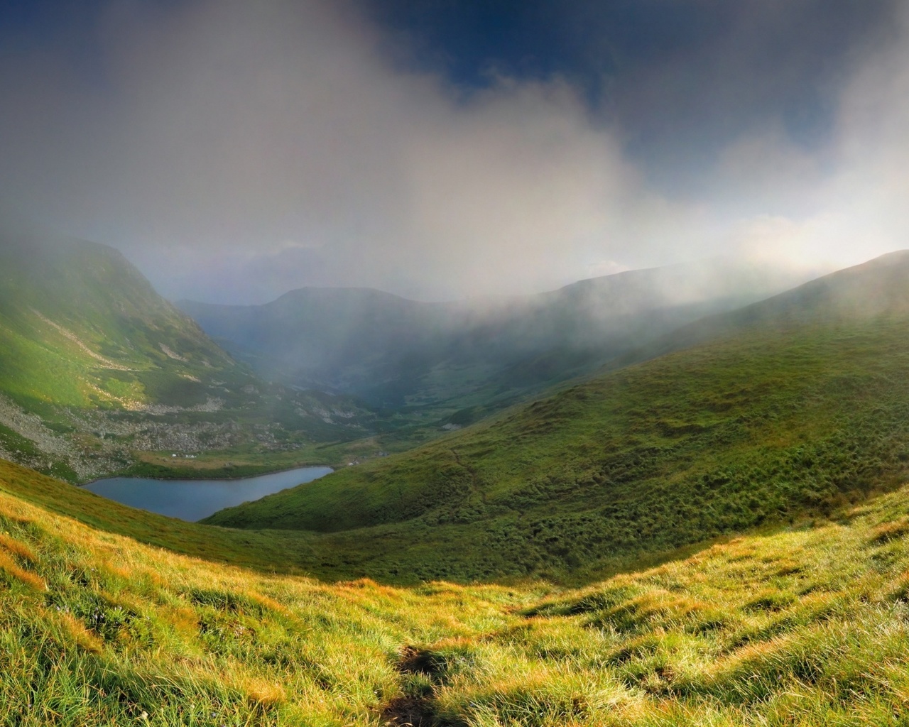 mountain, lake, clouds, green