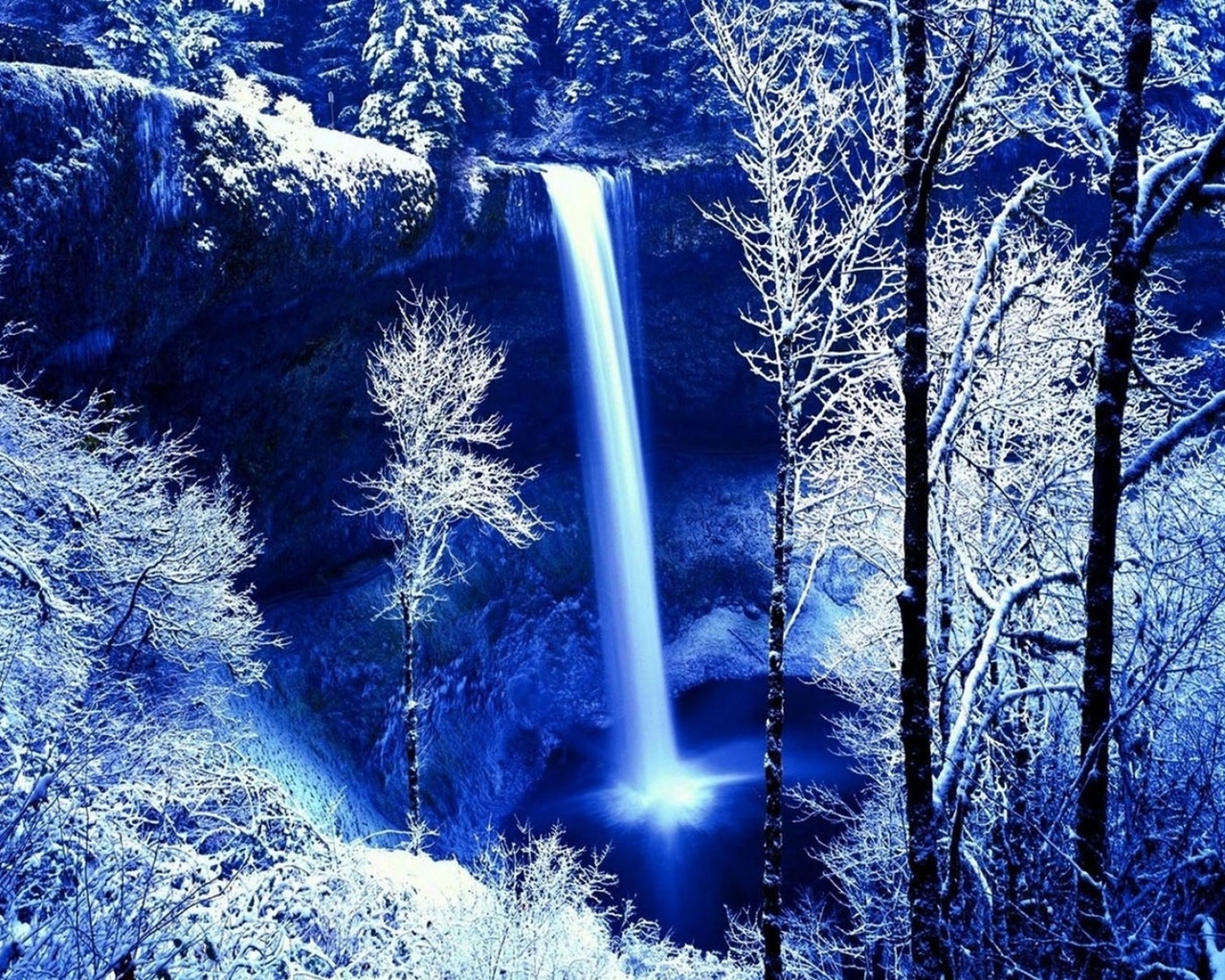 water, waterfall, winter, tree, snow