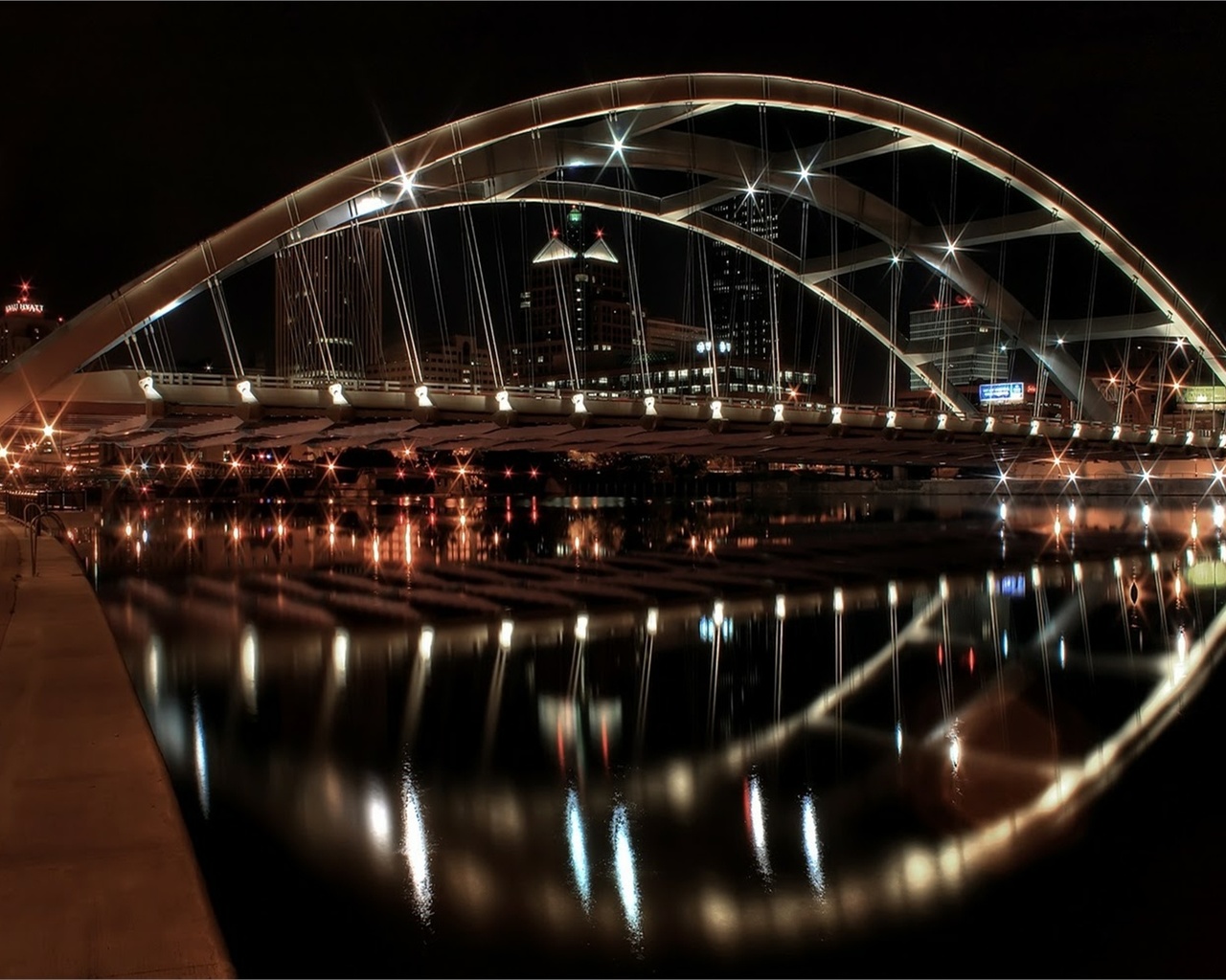 lights, bridge, water, building, night