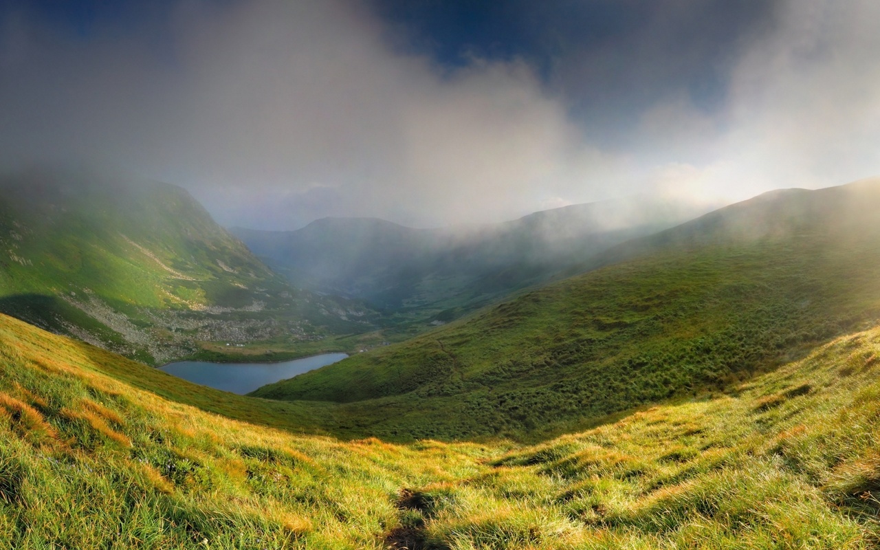 mountain, lake, clouds, green