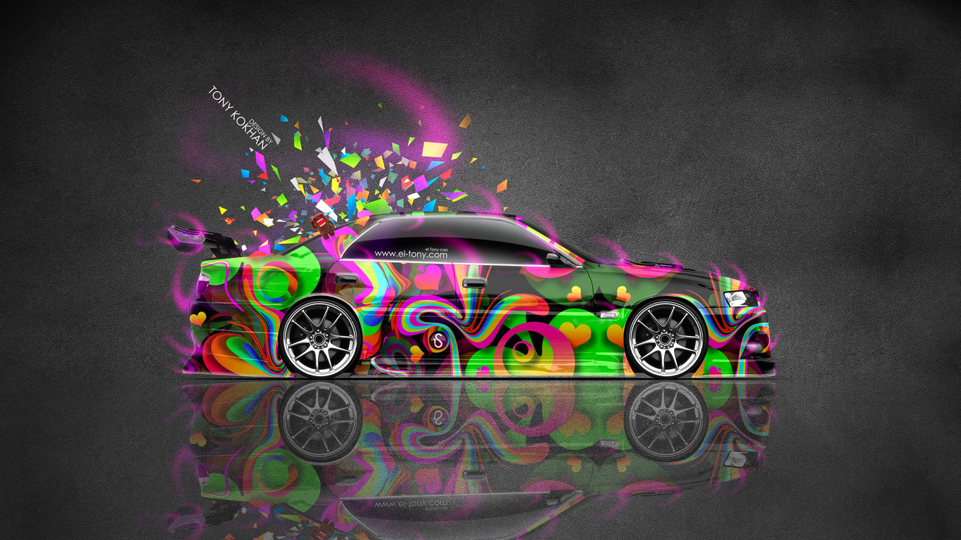 tony kokhan, toyota, chaser, jzx100, jdm, tuning, side, super, abstract, aerography, japan, style, vinyl, pink, neon, effects, silver, gray, multicolors, 4k, wallpapers, design, art, photoshop, domo kun, toy, car, el tony cars,  , , 