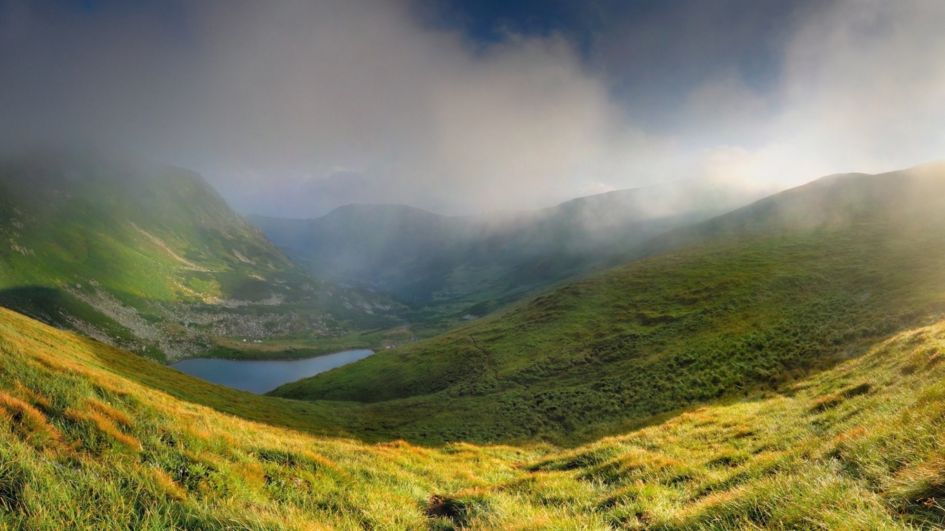 mountain, lake, clouds, green