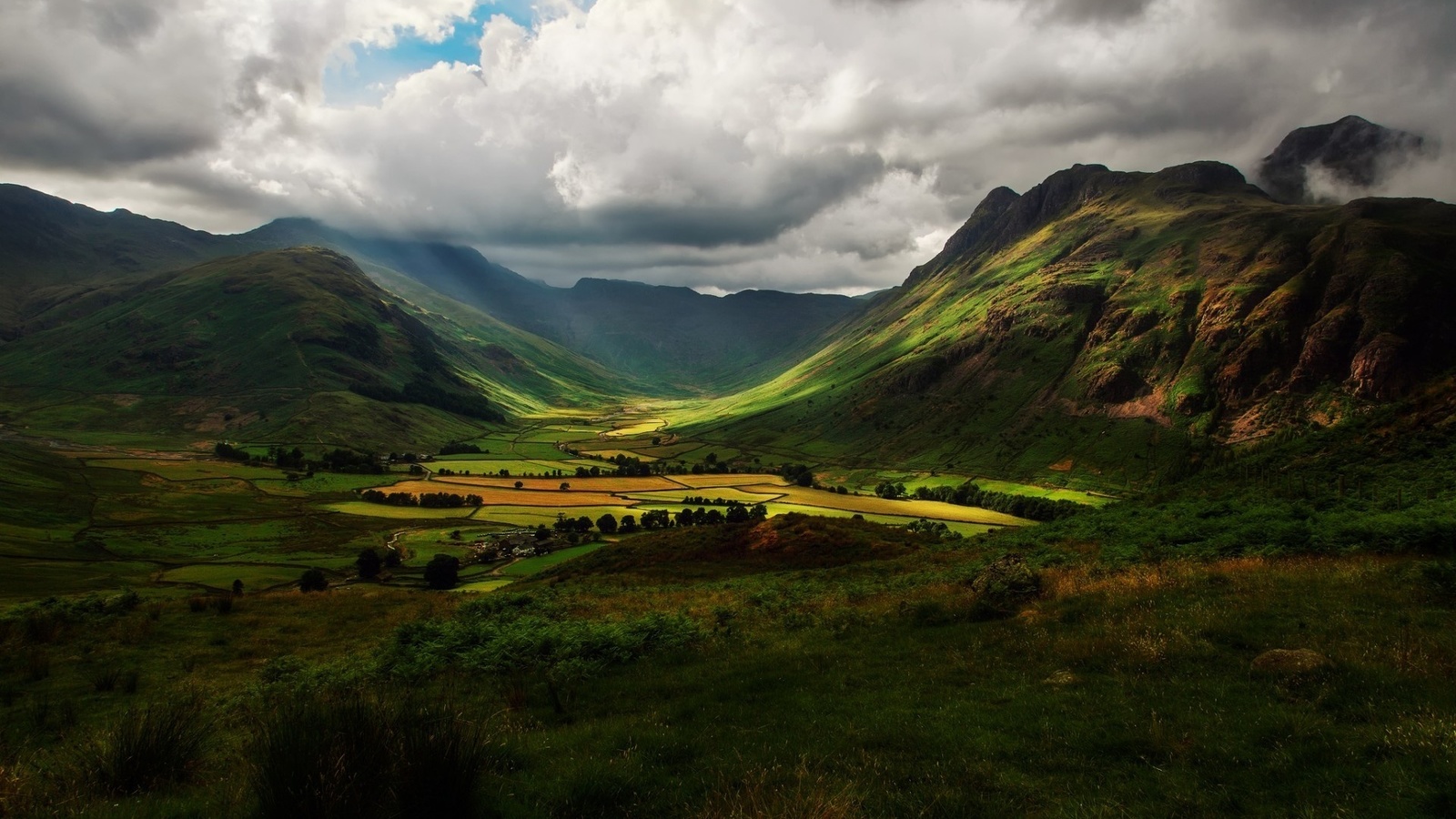 valley, mountain, houses, clouds