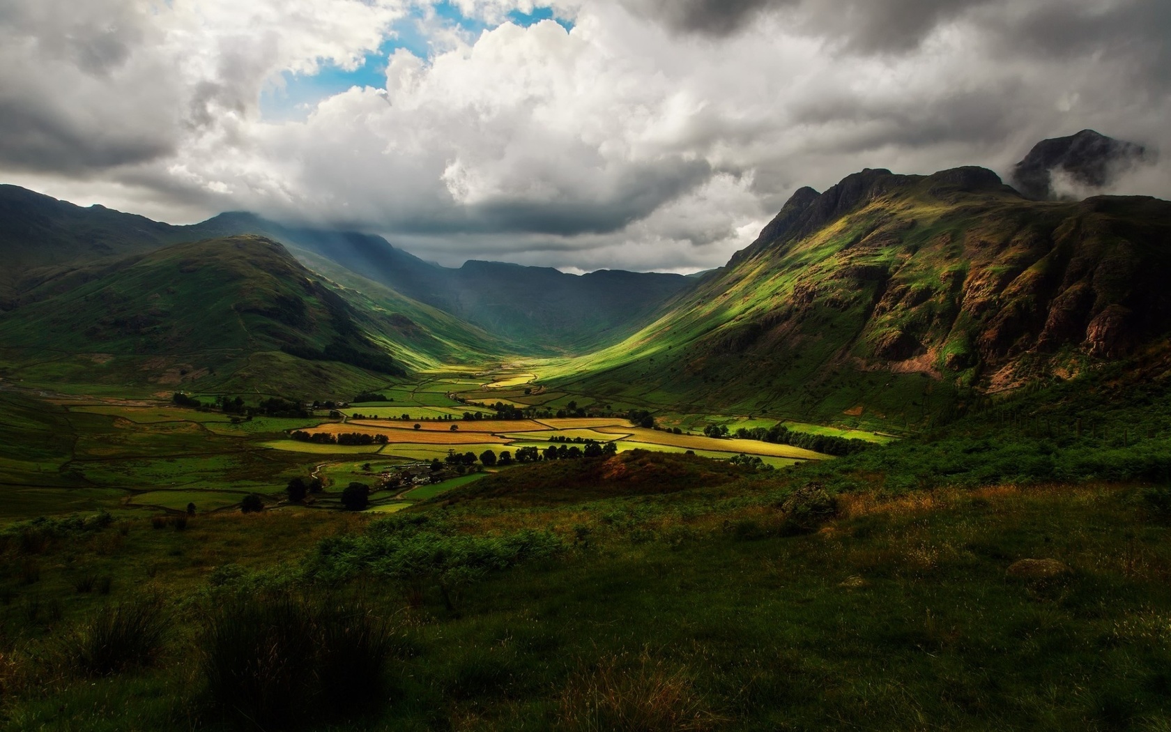 valley, mountain, houses, clouds