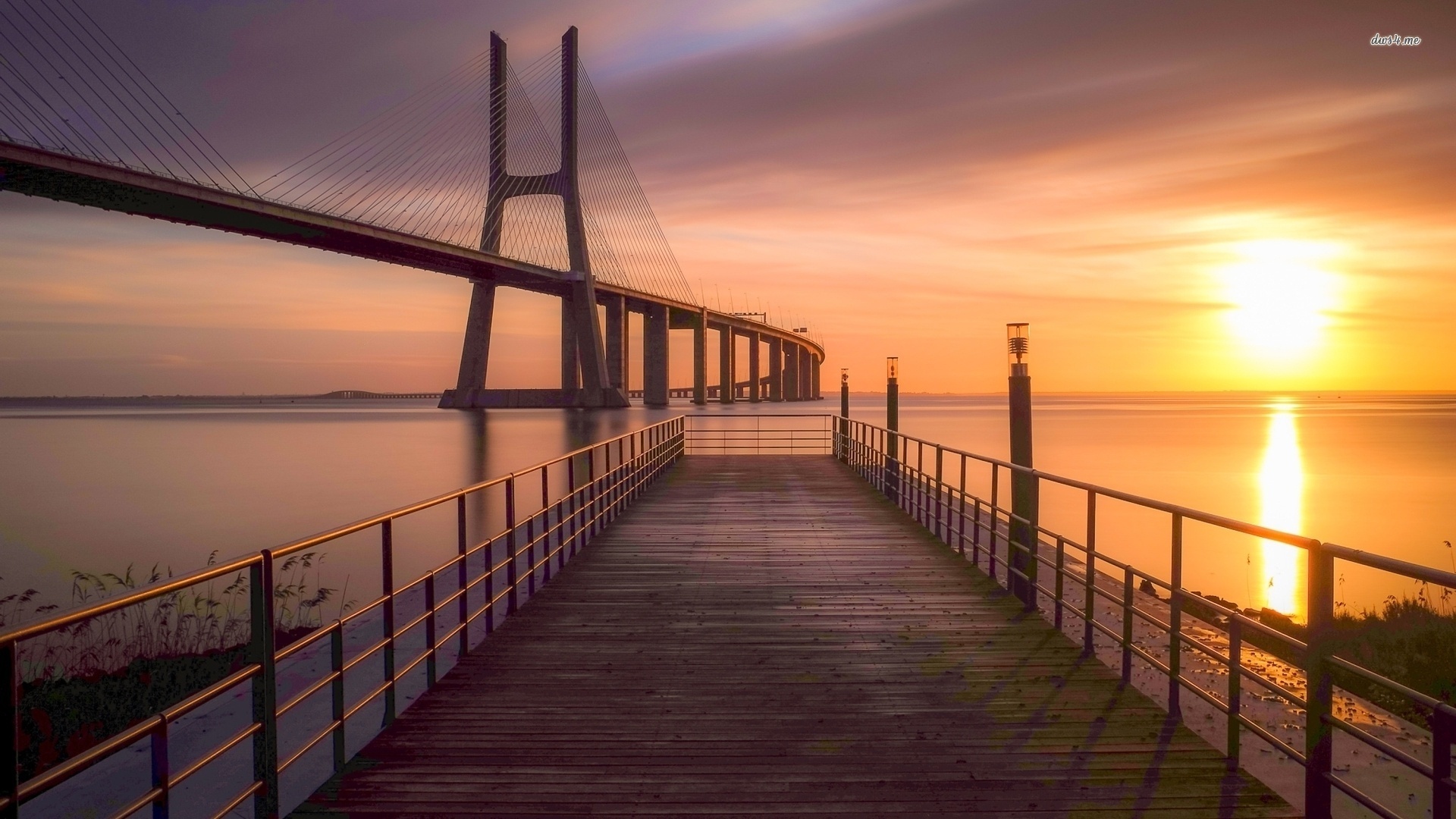 vasco da gama, bridge, sunset, sea, water