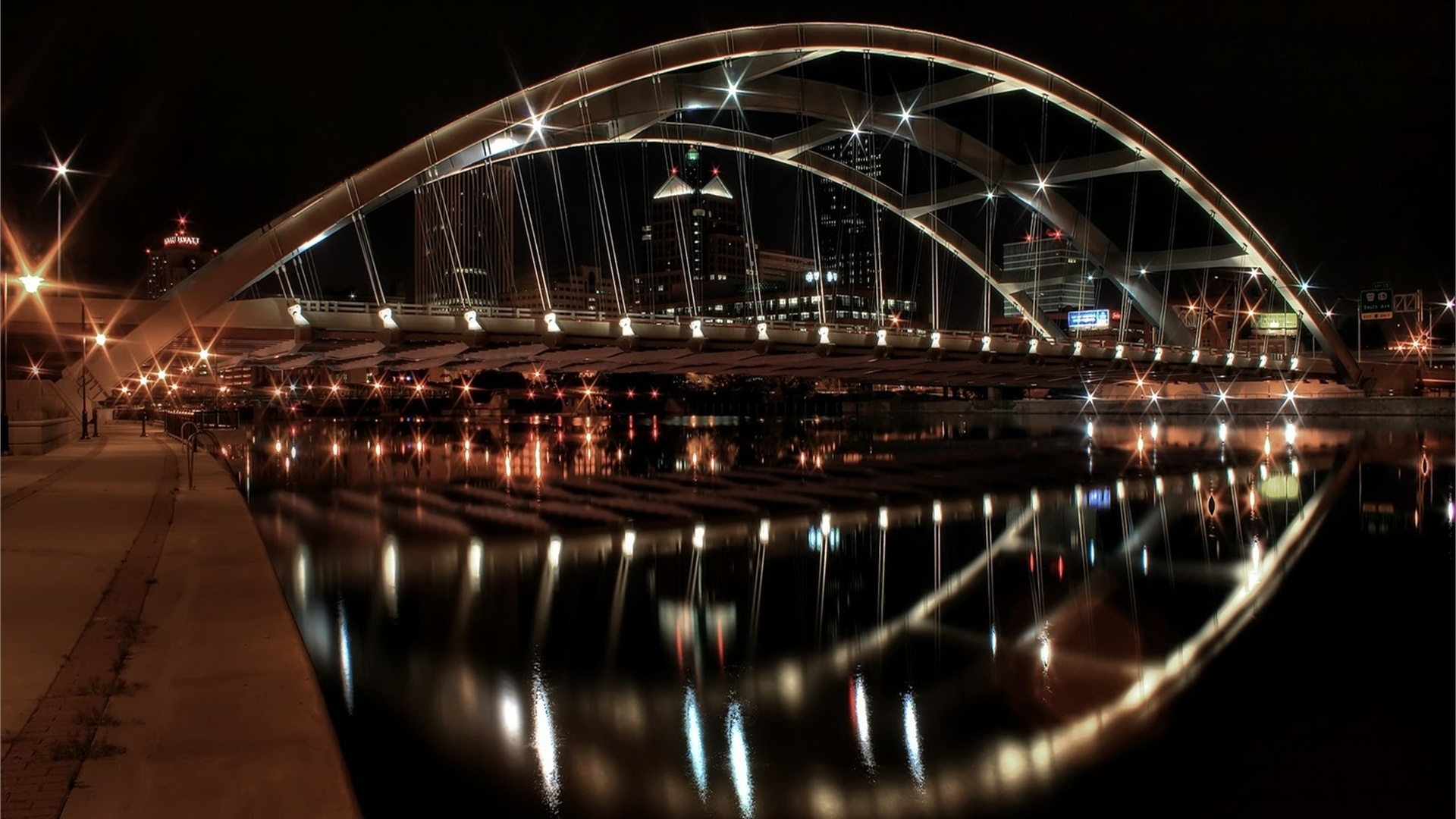 lights, bridge, water, building, night