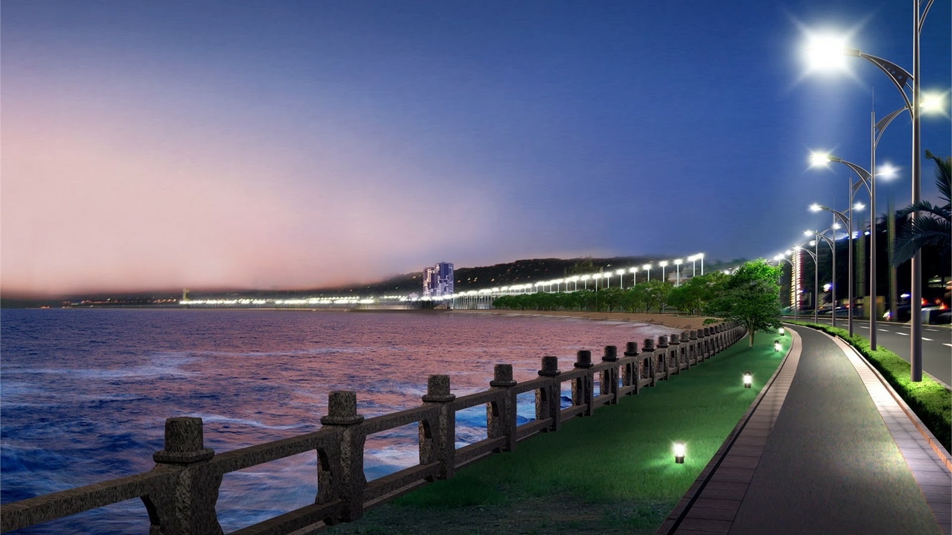 ocean, water, road, city, lights, night