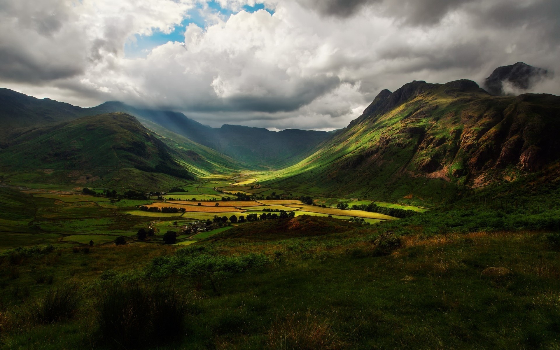 valley, mountain, houses, clouds