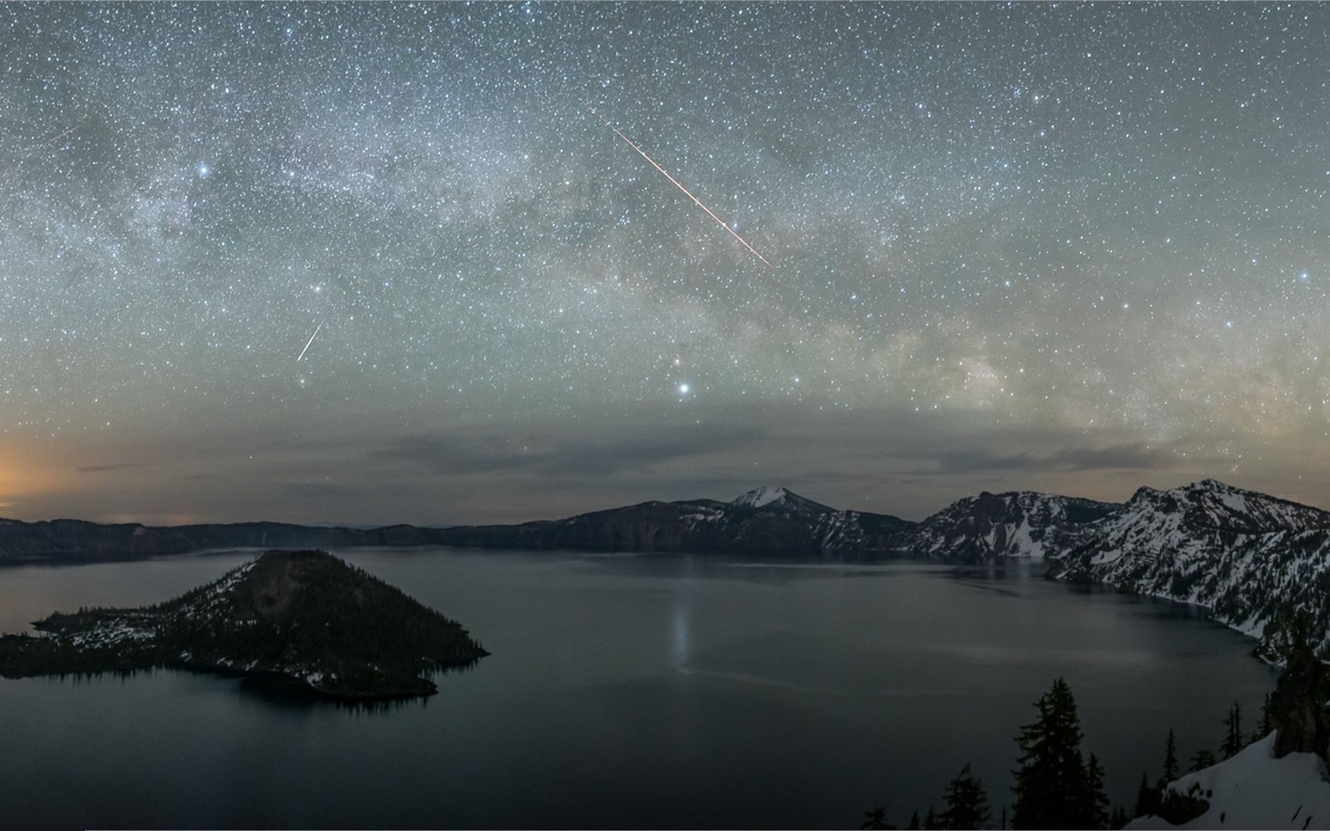 stars, lake, water, mountain