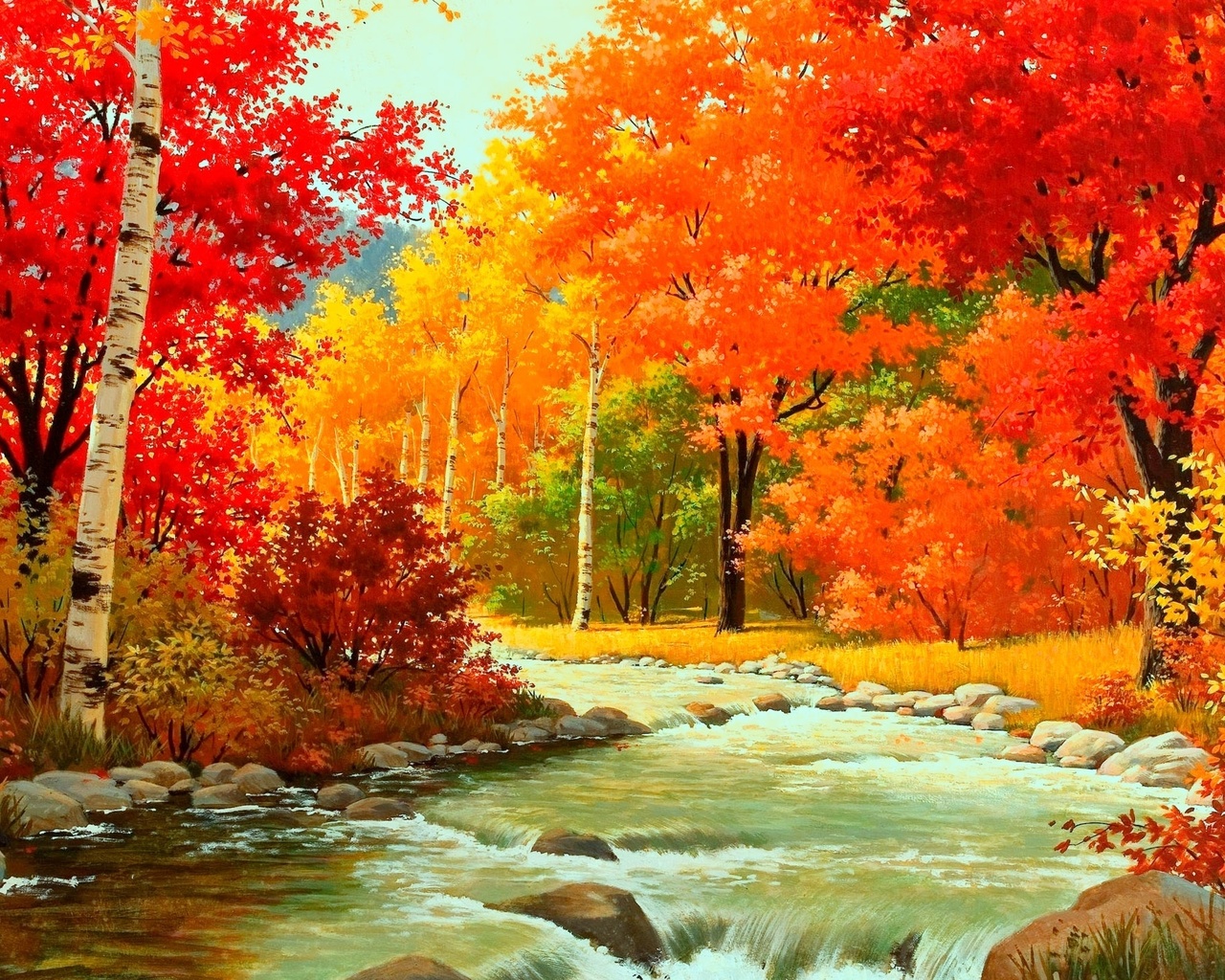 autumn, forest, patch, leaves, tree, river, , 