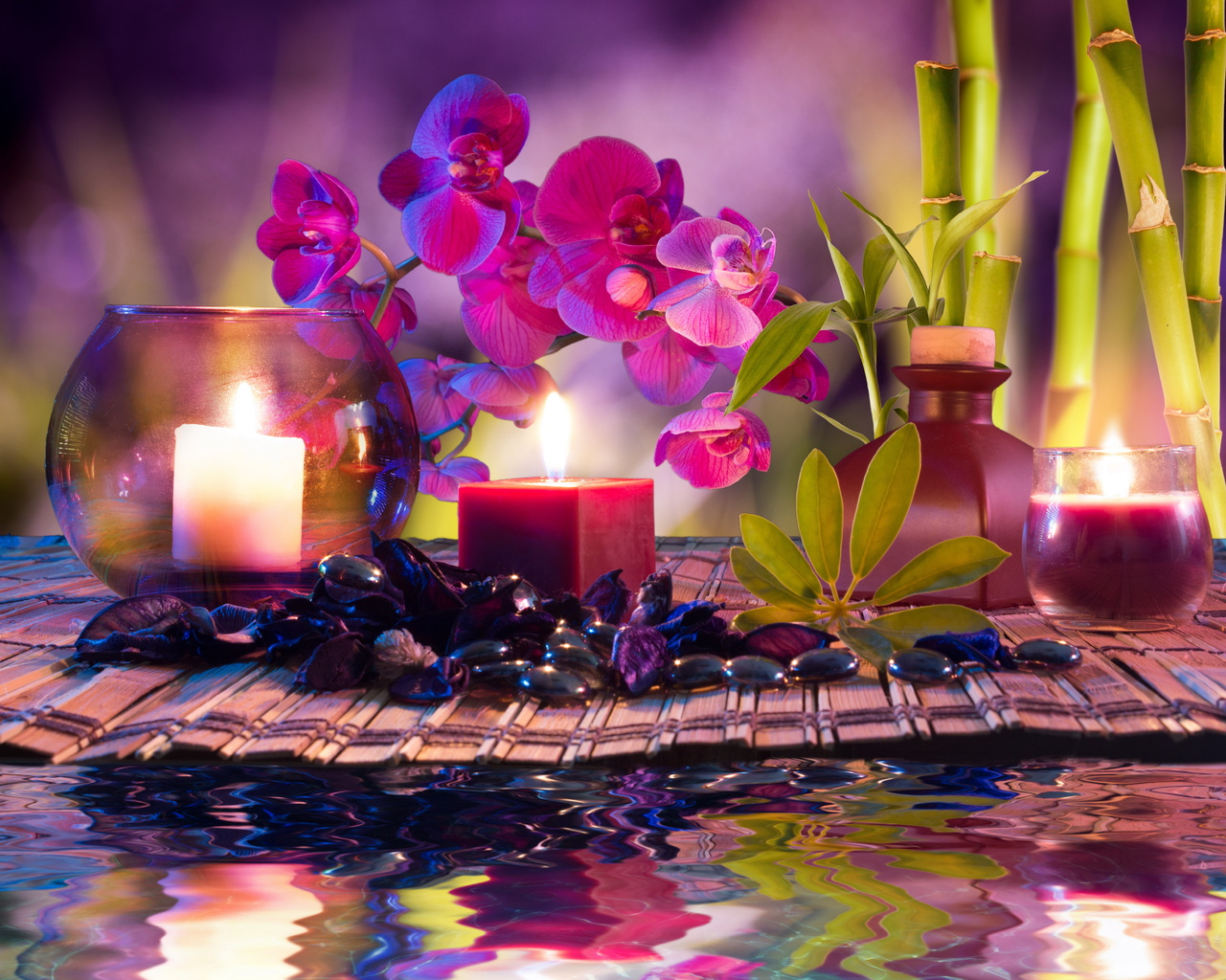 ,  , , , , , , spa, spa stones, candles, water, bamboo, flowers, orchids