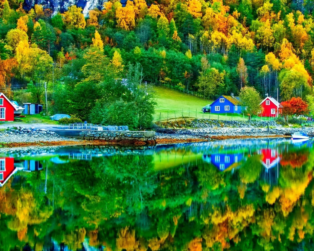 lake, housess, mountain, water, tree, grass, 