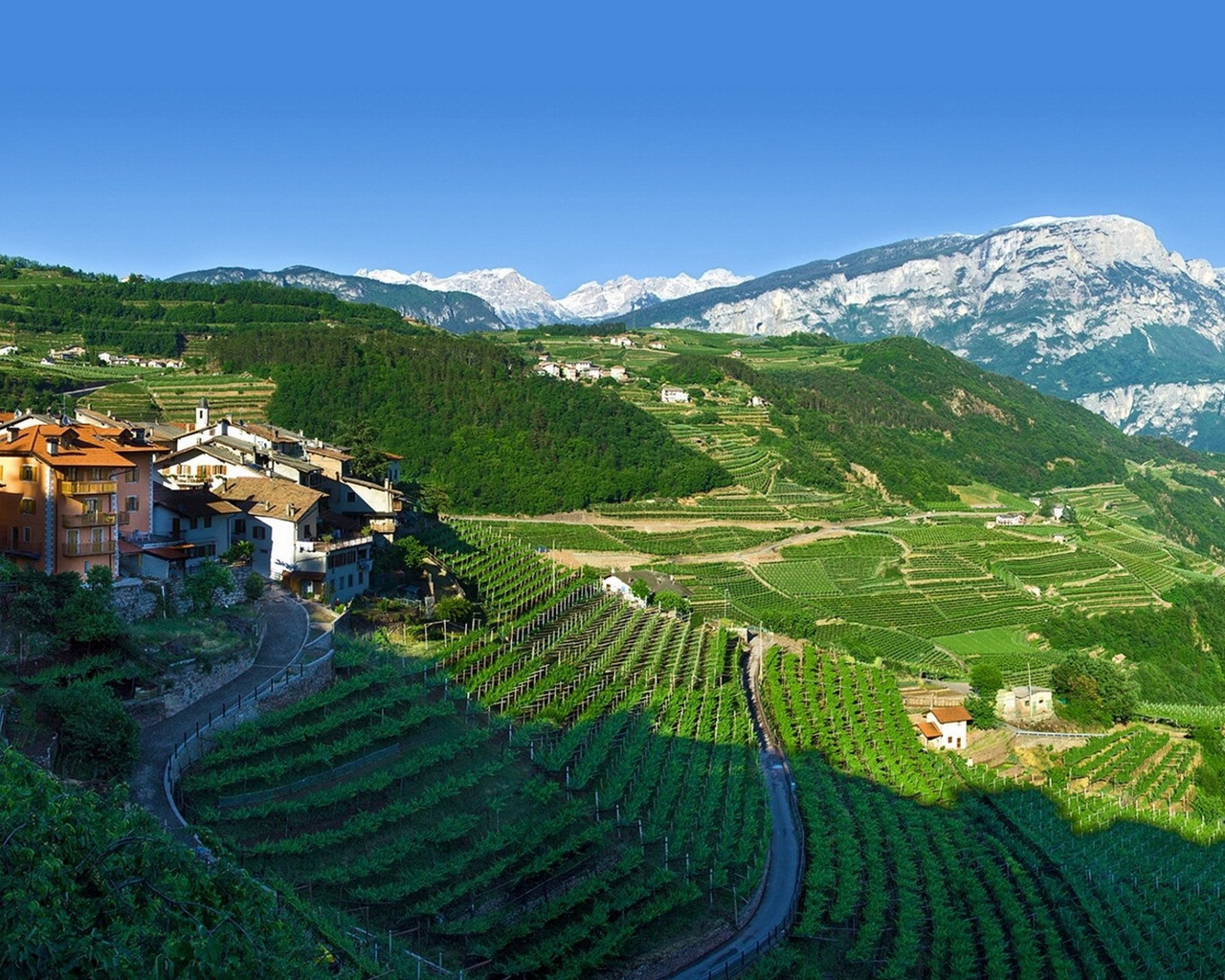 valley, mountain, houses, clouds