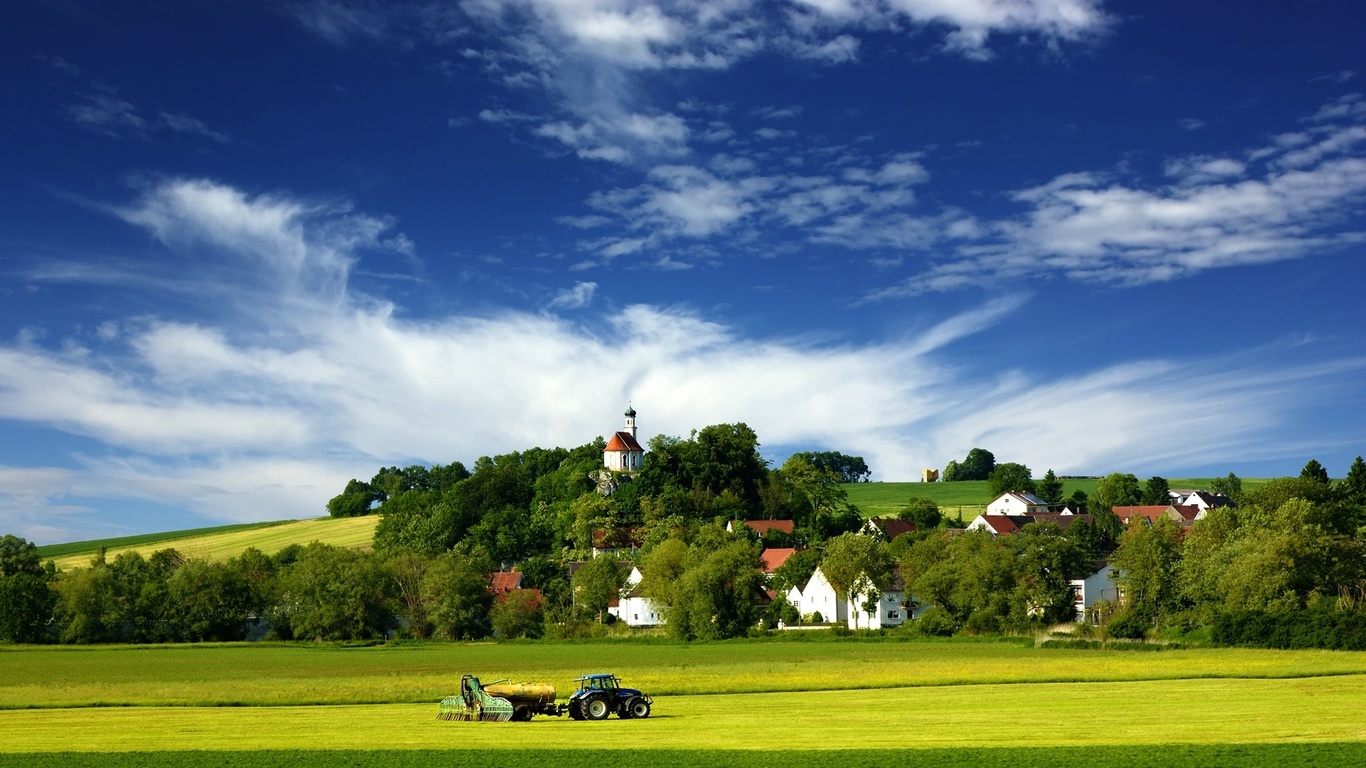 tracktor, fields, churchil, house, tree