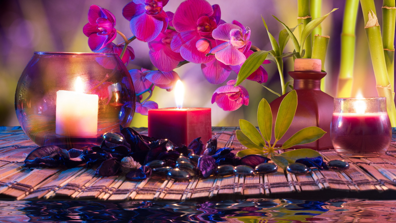 ,  , , , , , , spa, spa stones, candles, water, bamboo, flowers, orchids