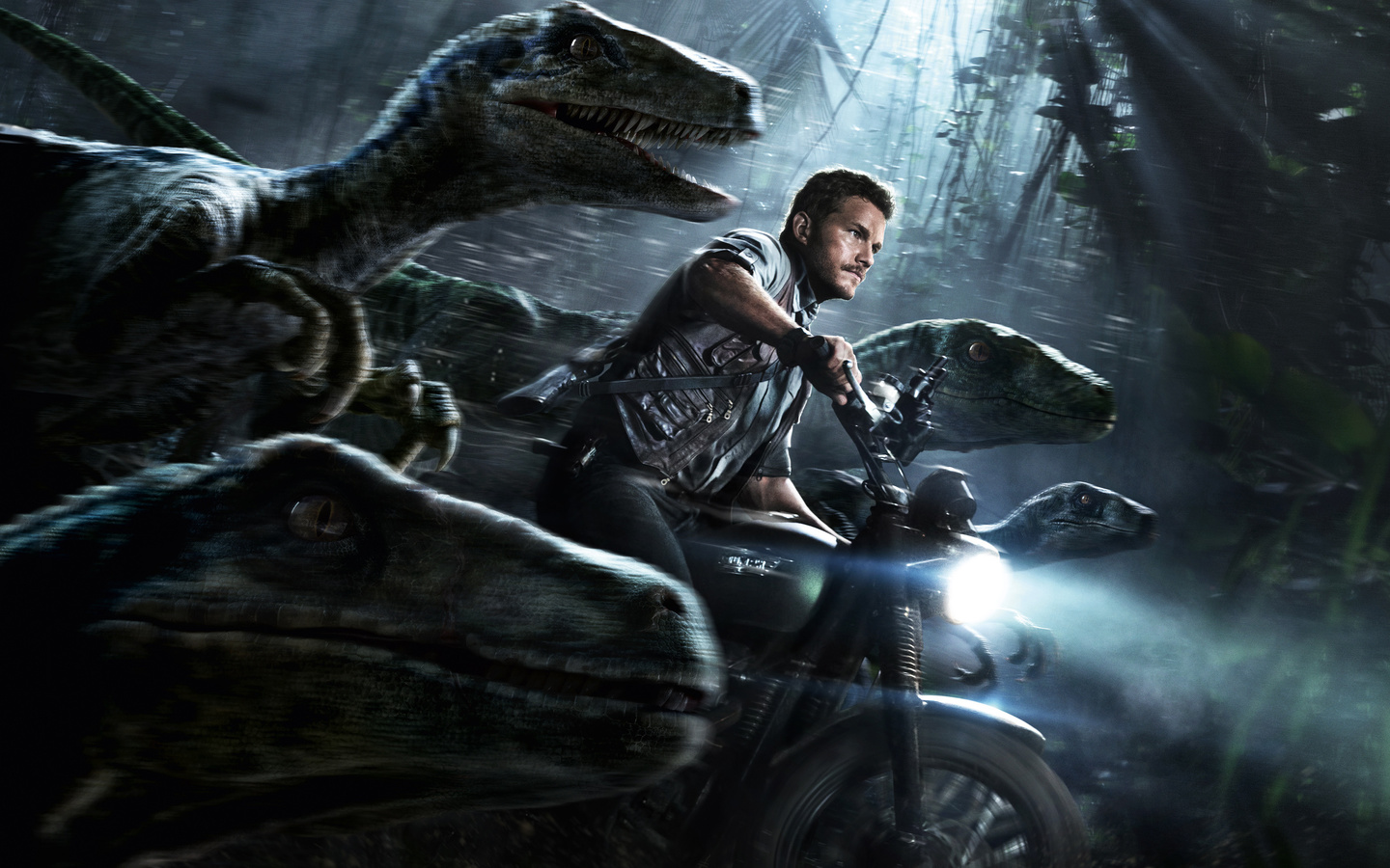 chris pratt, jurassic world, динозавры, мотоцикл