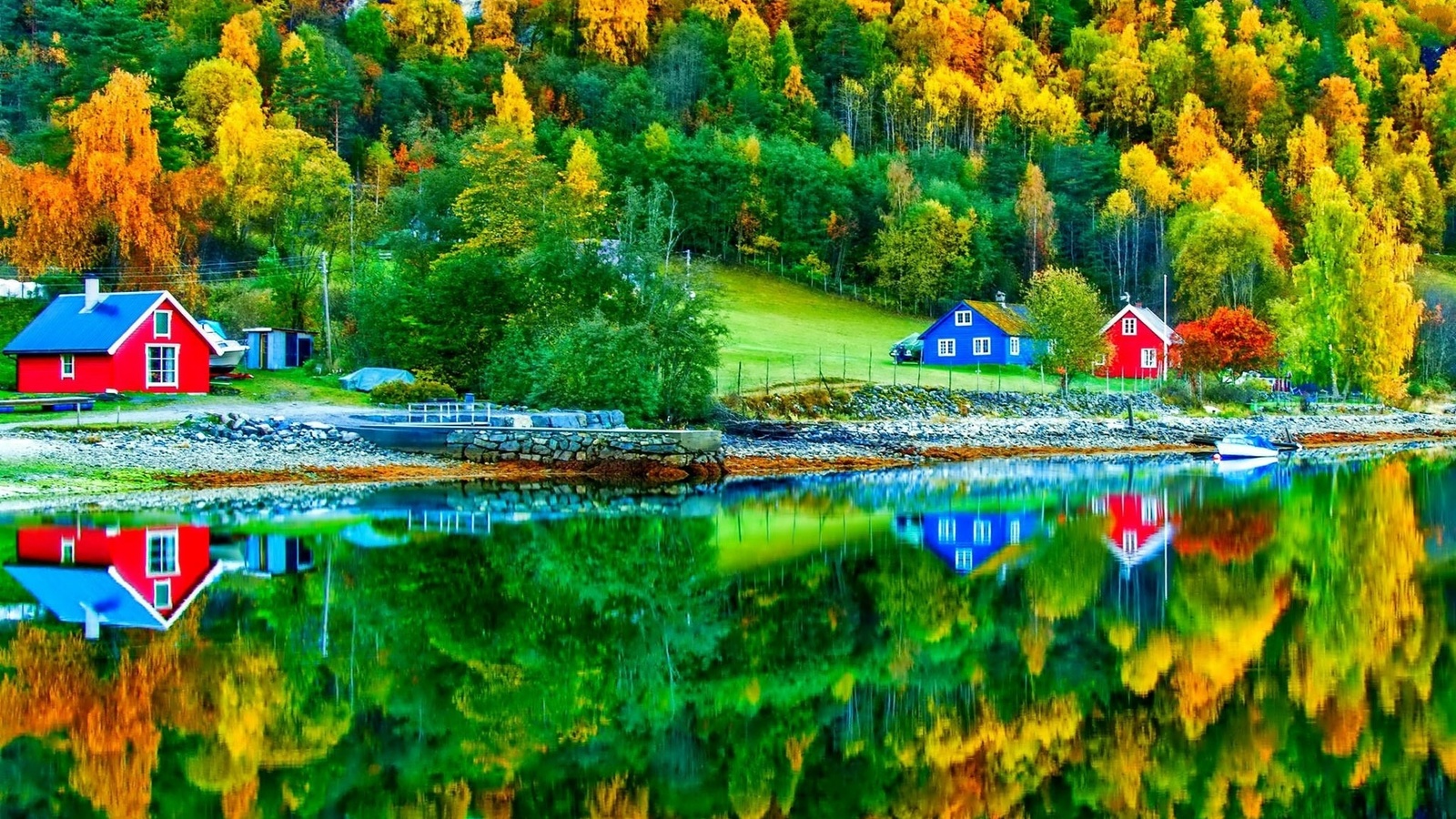 lake, housess, mountain, water, tree, grass, 