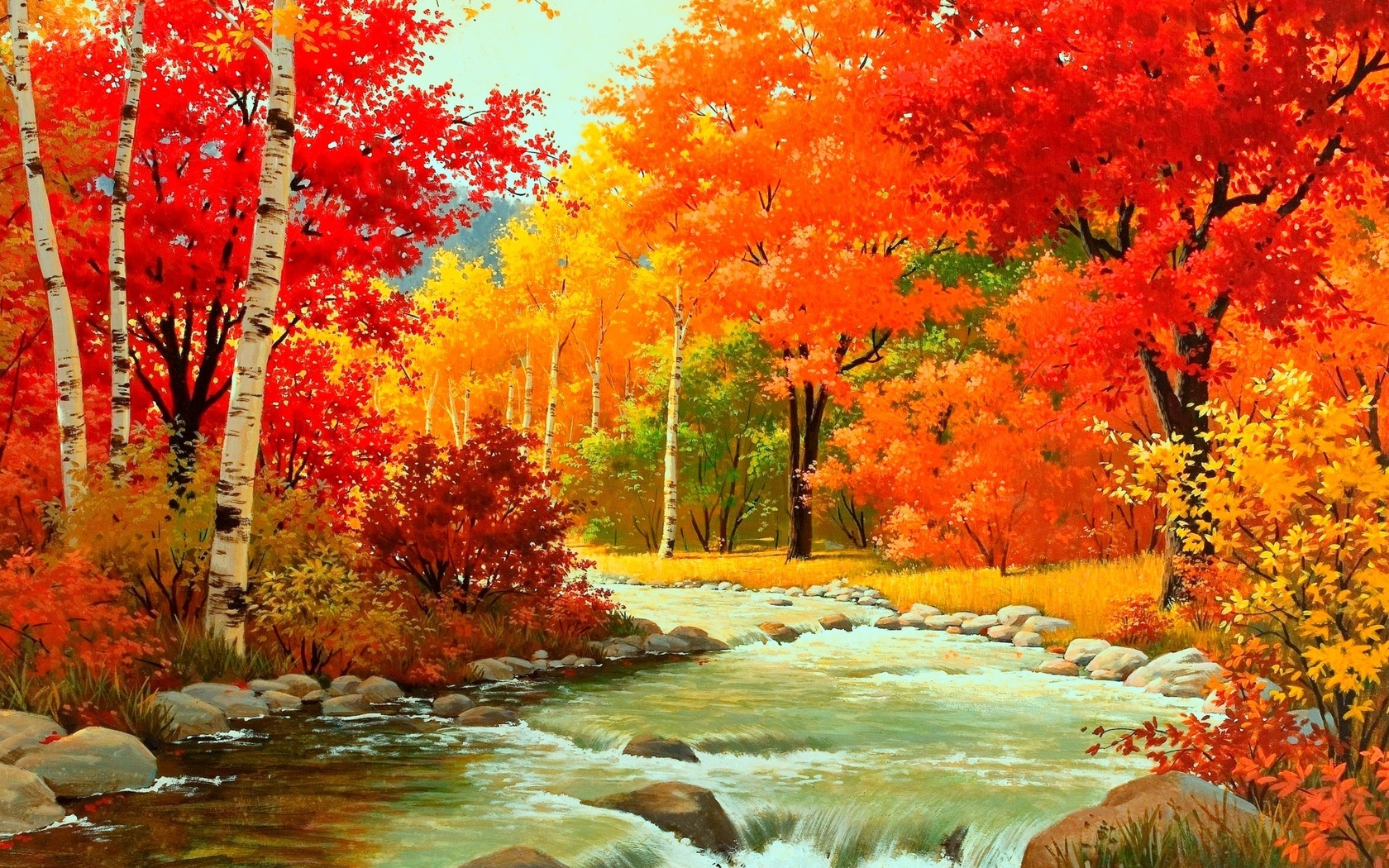 autumn, forest, patch, leaves, tree, river, , 