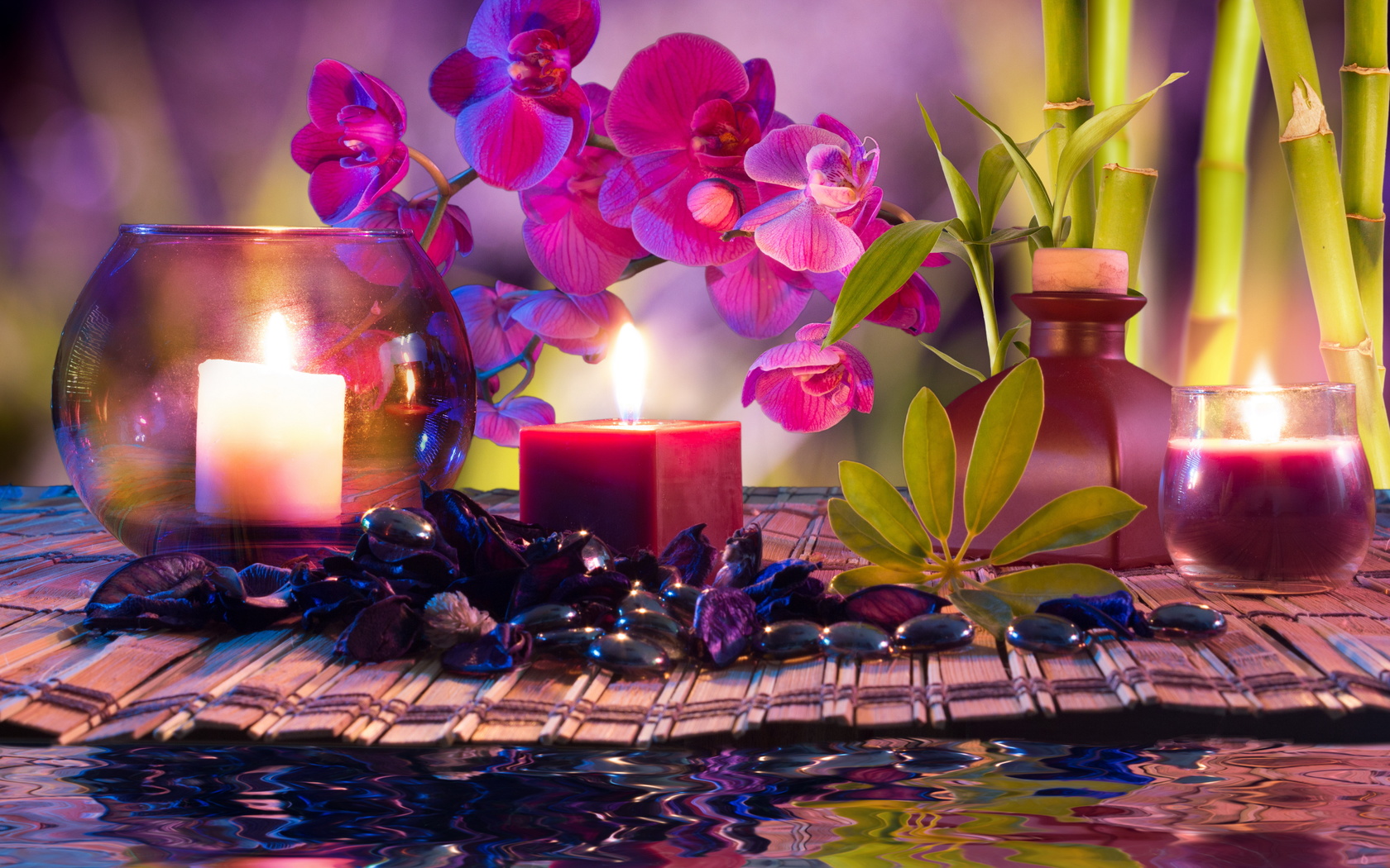 ,  , , , , , , spa, spa stones, candles, water, bamboo, flowers, orchids