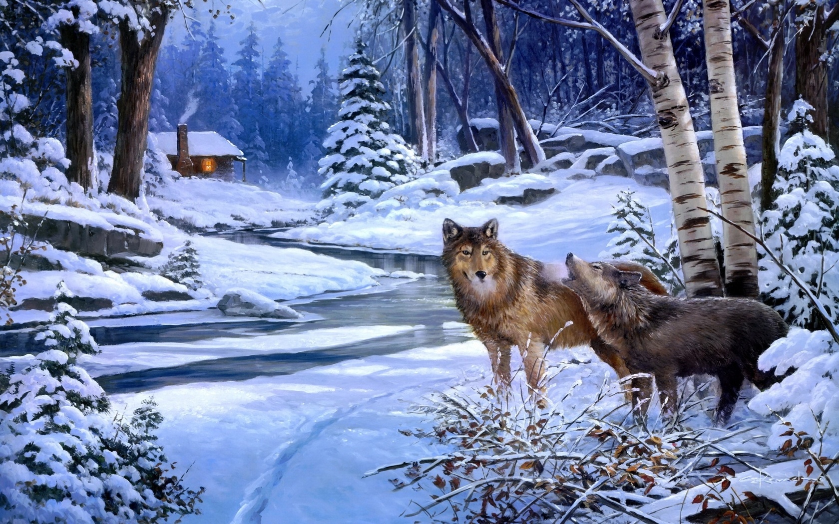wolves, cabin, winter, forest, river, snow