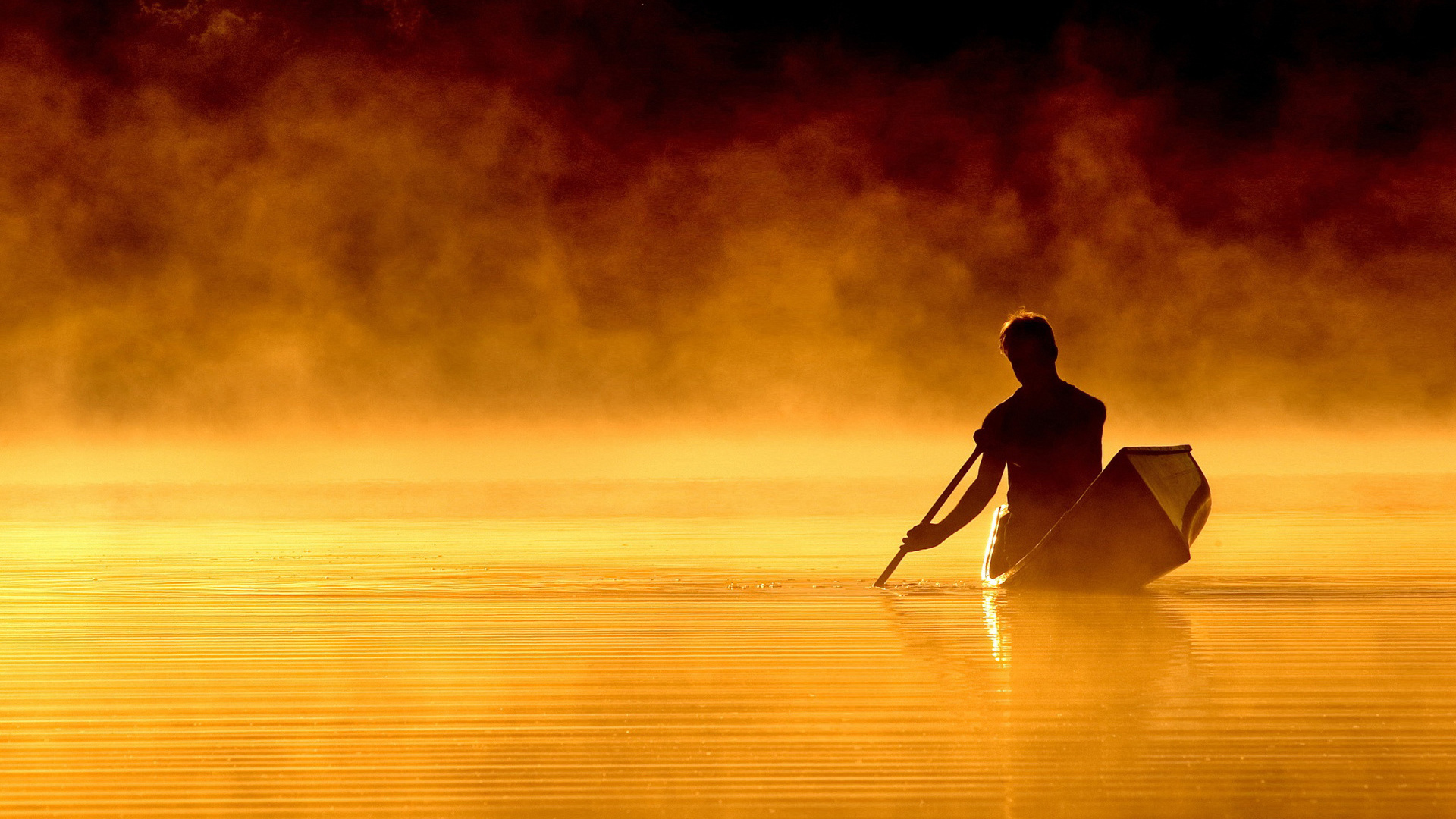 meet, lake, boat, men, mist