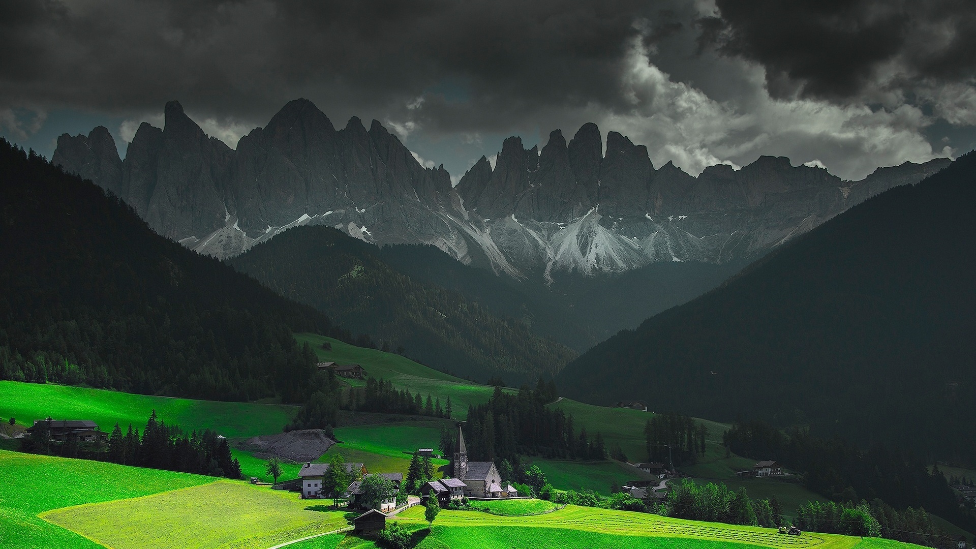 funes, santa magdalena, italy, mountain, houses, green