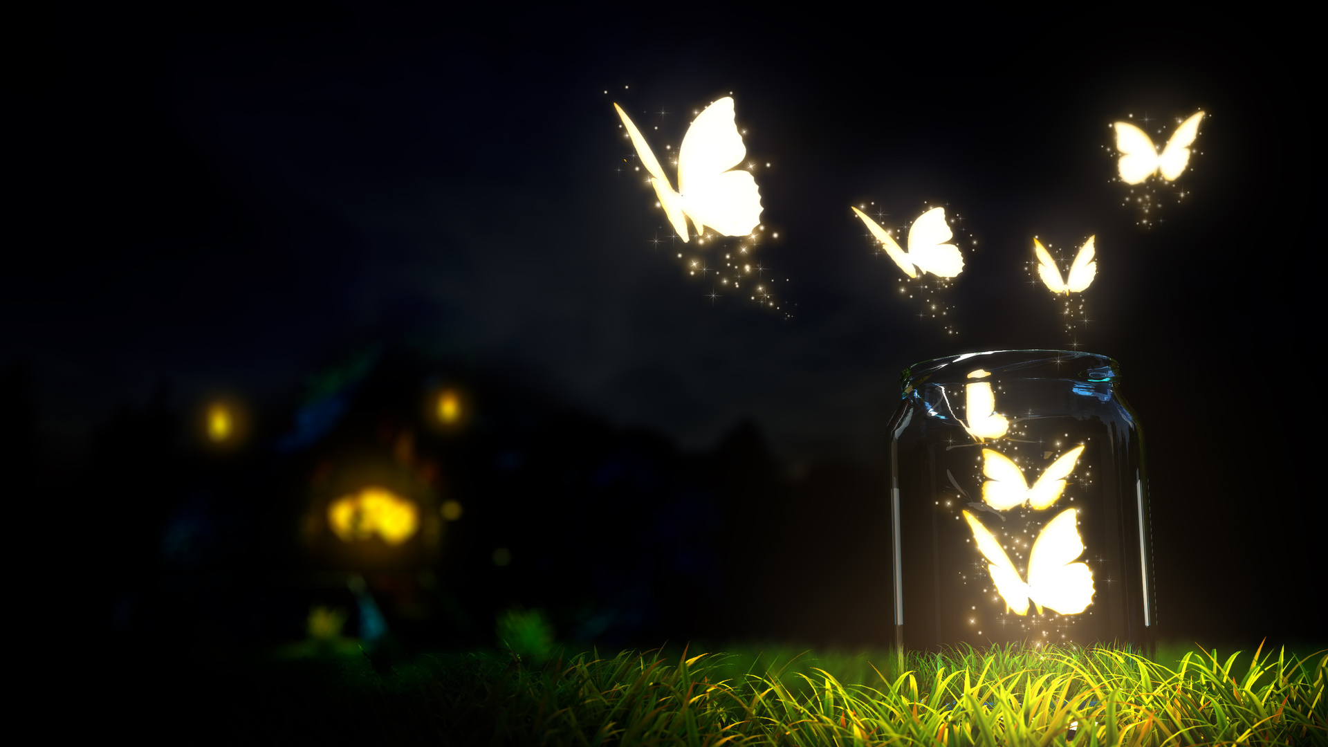 beautiful, glowing, butterflies, grass, bottle, blur, ground, night, dark sky, macro, nature, , , , , , , , ,  , , , 