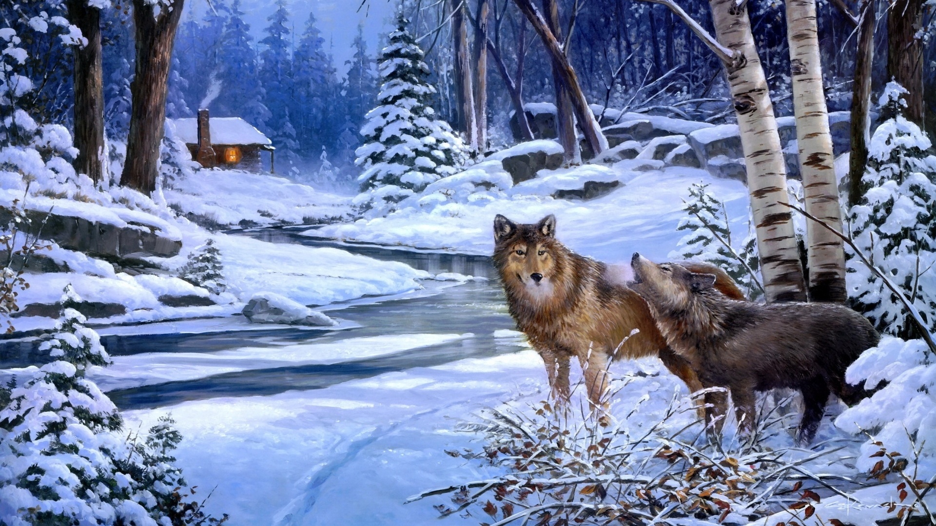 wolves, cabin, winter, forest, river, snow
