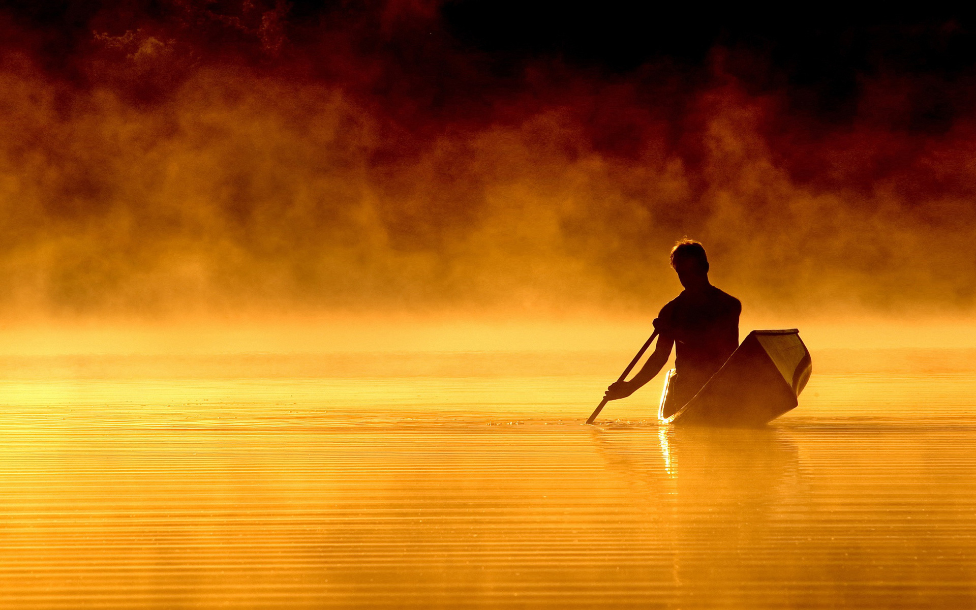 meet, lake, boat, men, mist