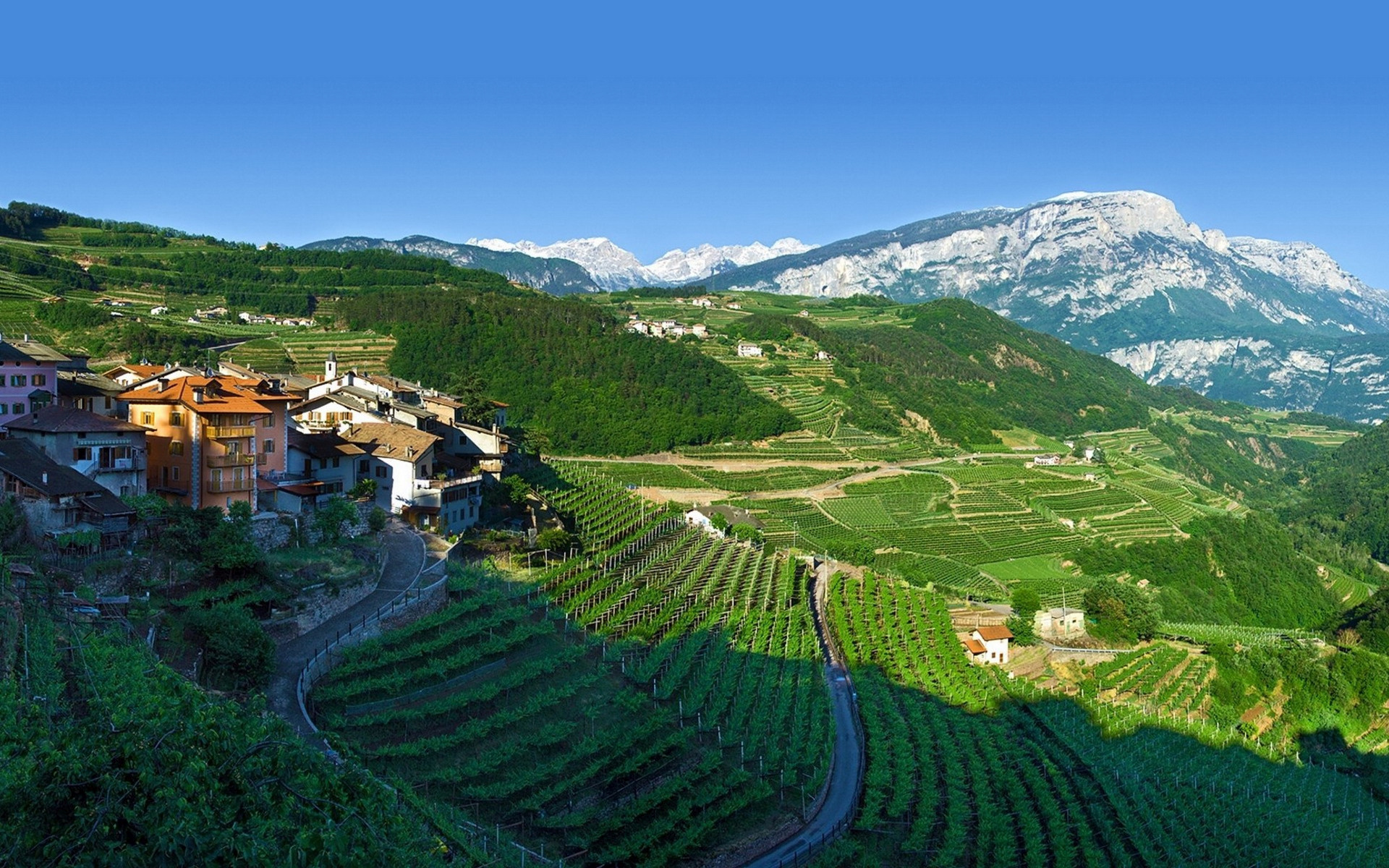 valley, mountain, houses, clouds