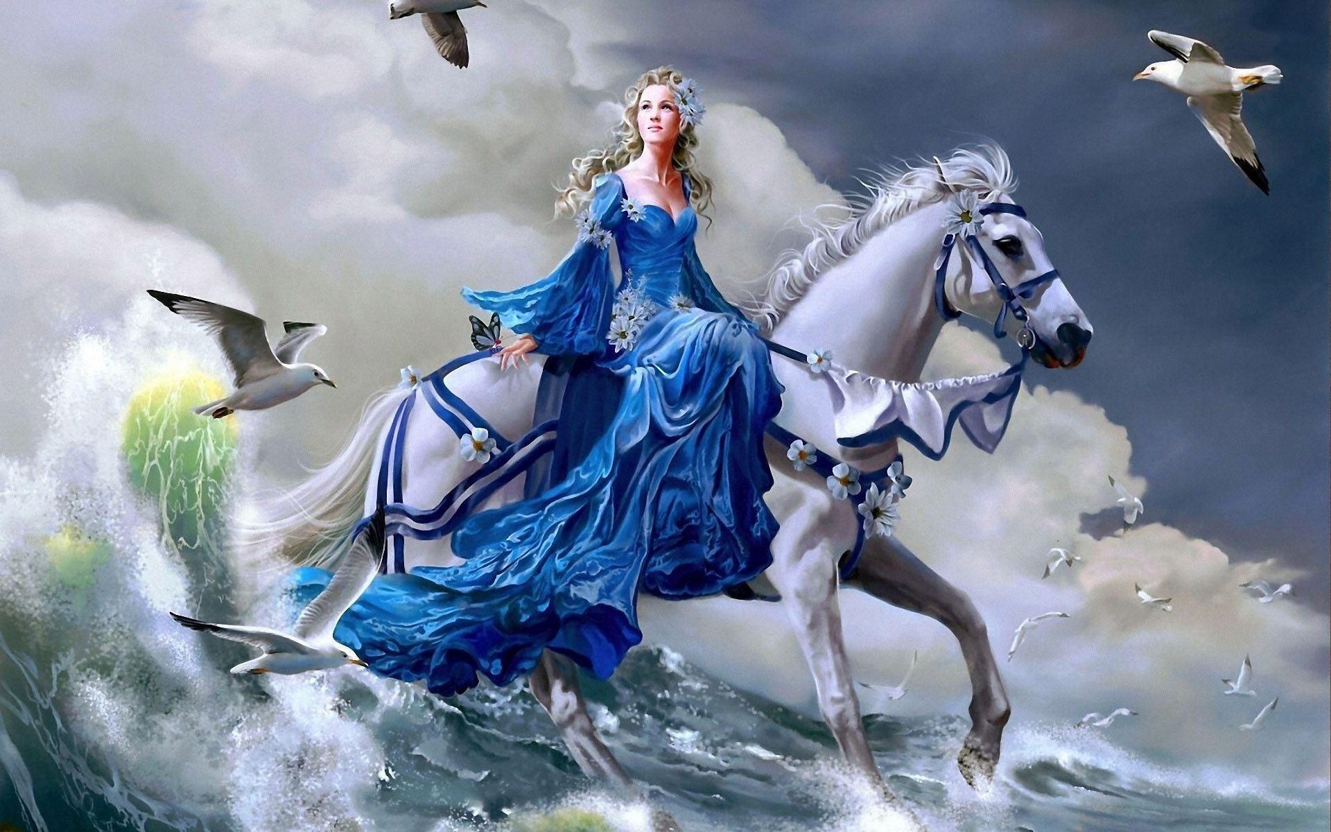 riding, princess, horse, white