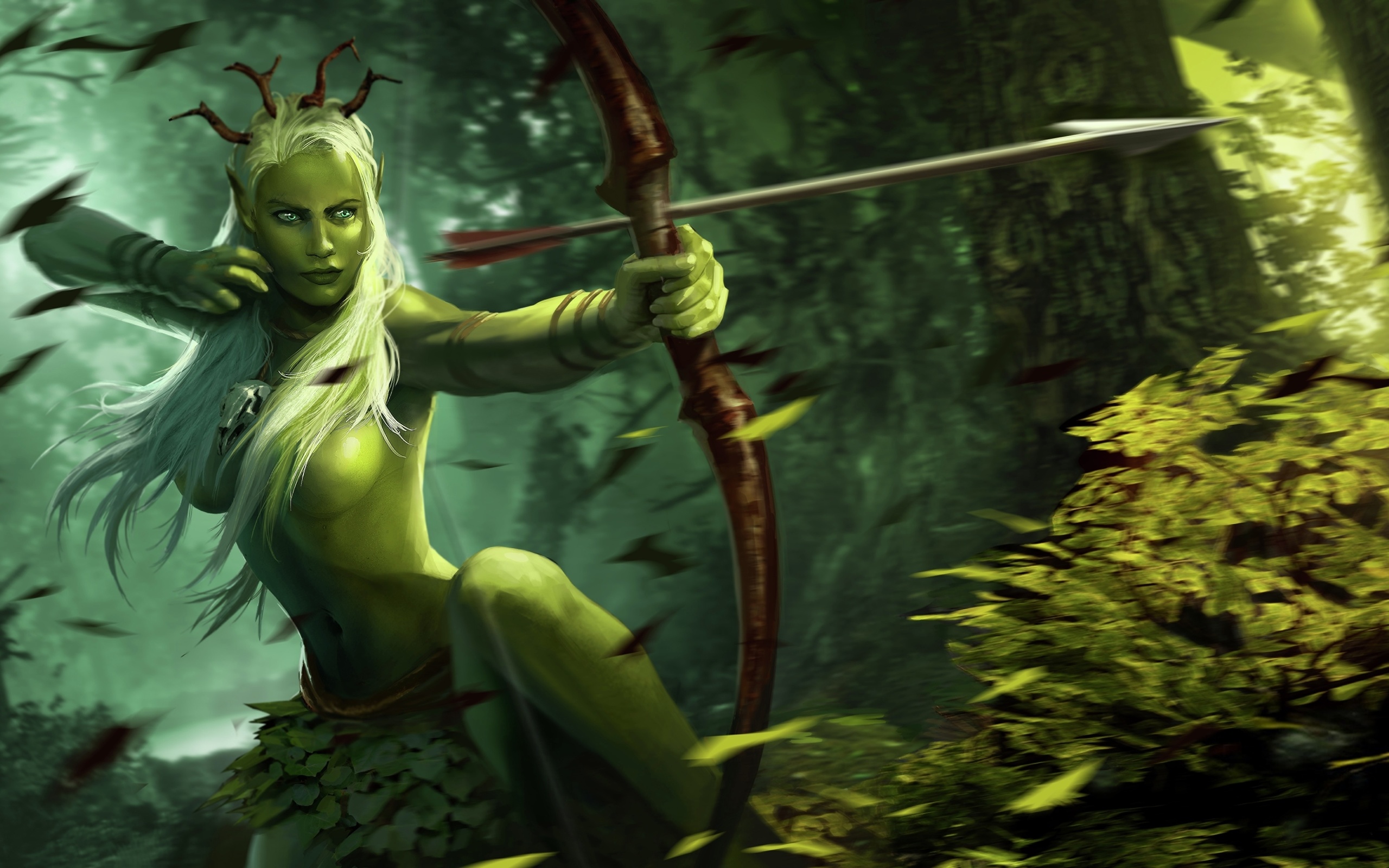 witcher, battle arena, eithne, , brokilon, , art, , , fantasy, , girl, , driada, , archer, , topless, forest, wood, , green skin,  