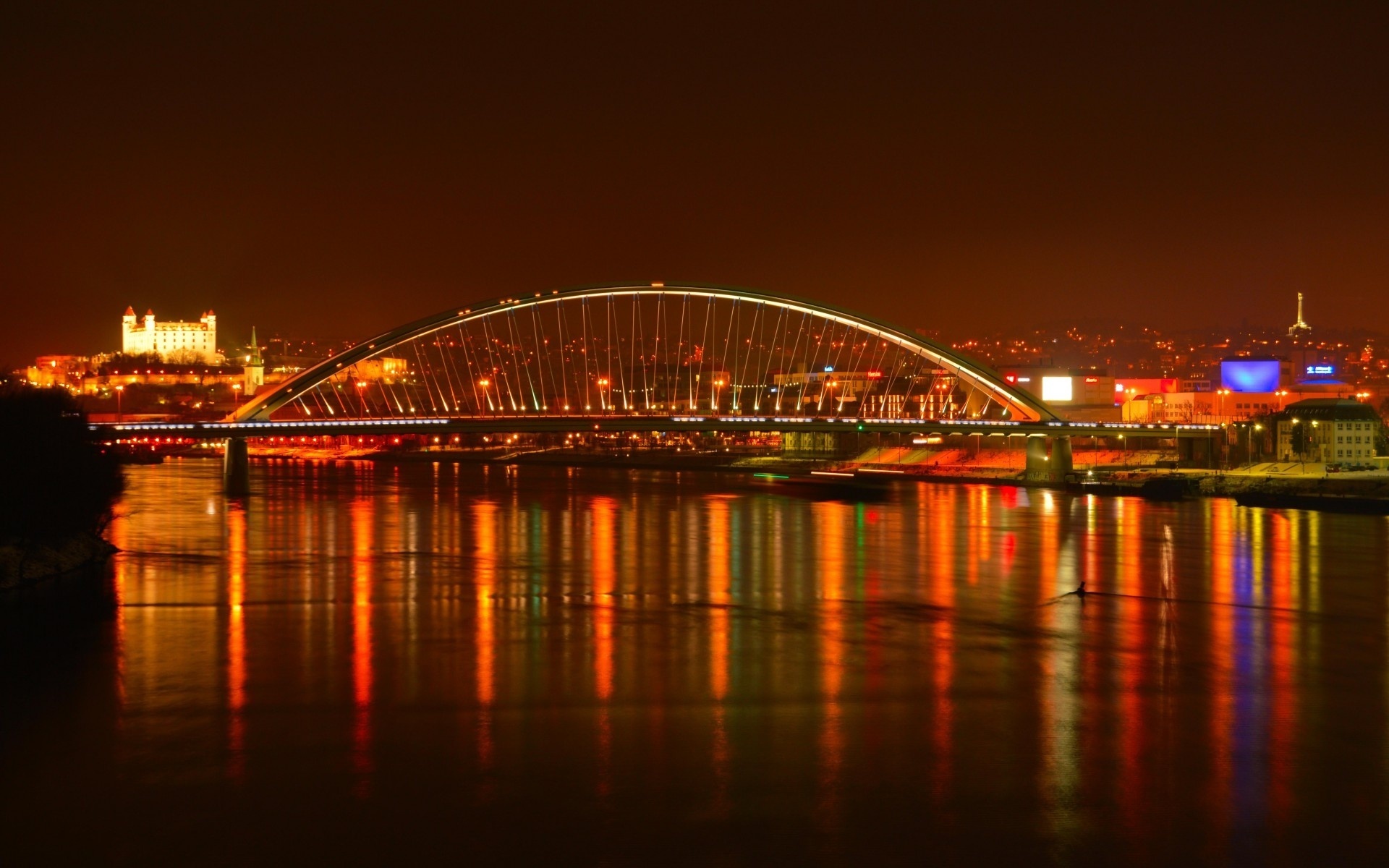 bratislava, river, bridge, night