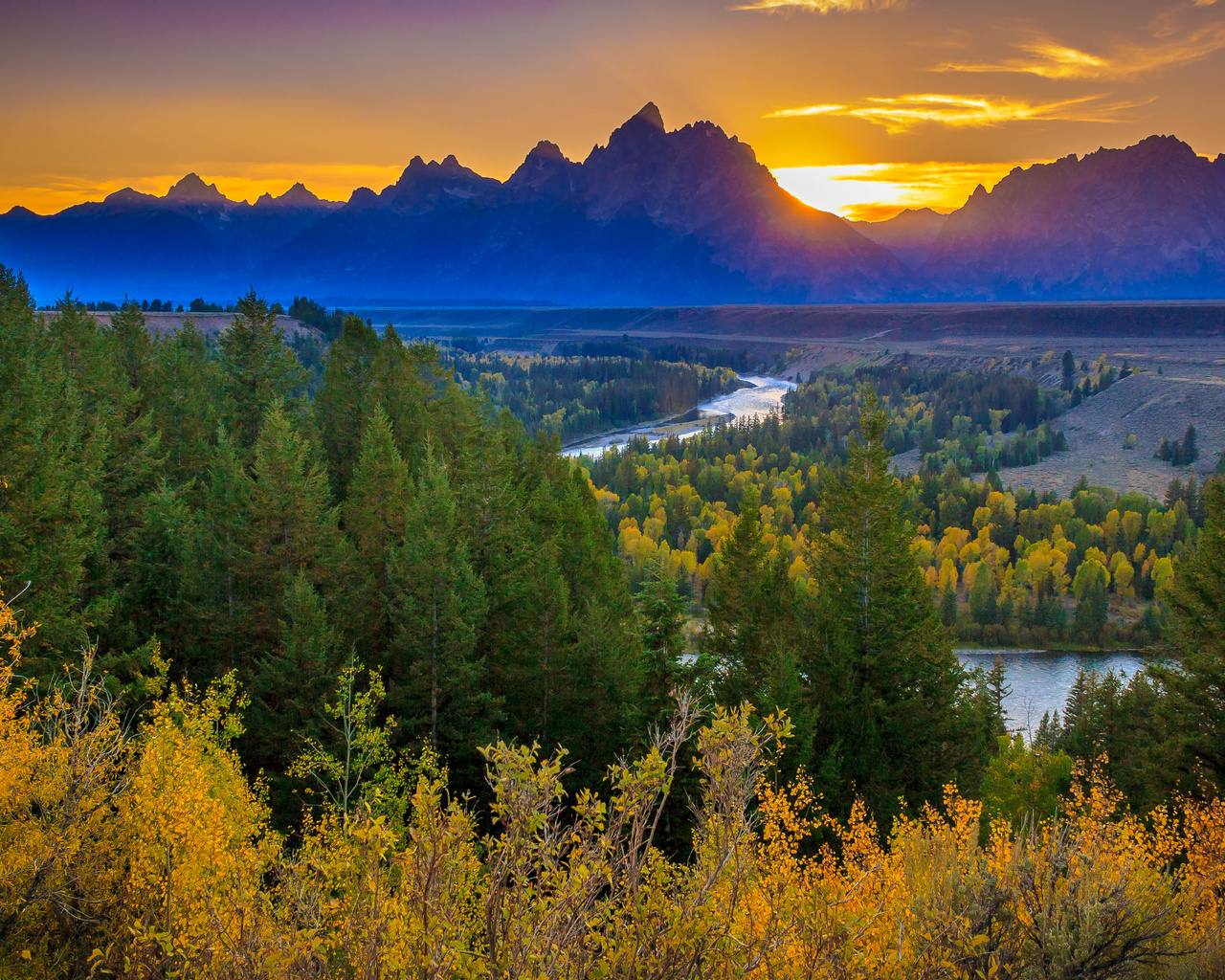 river overlook, grand teton national park, sunset, mountains, river, forest, ,, 