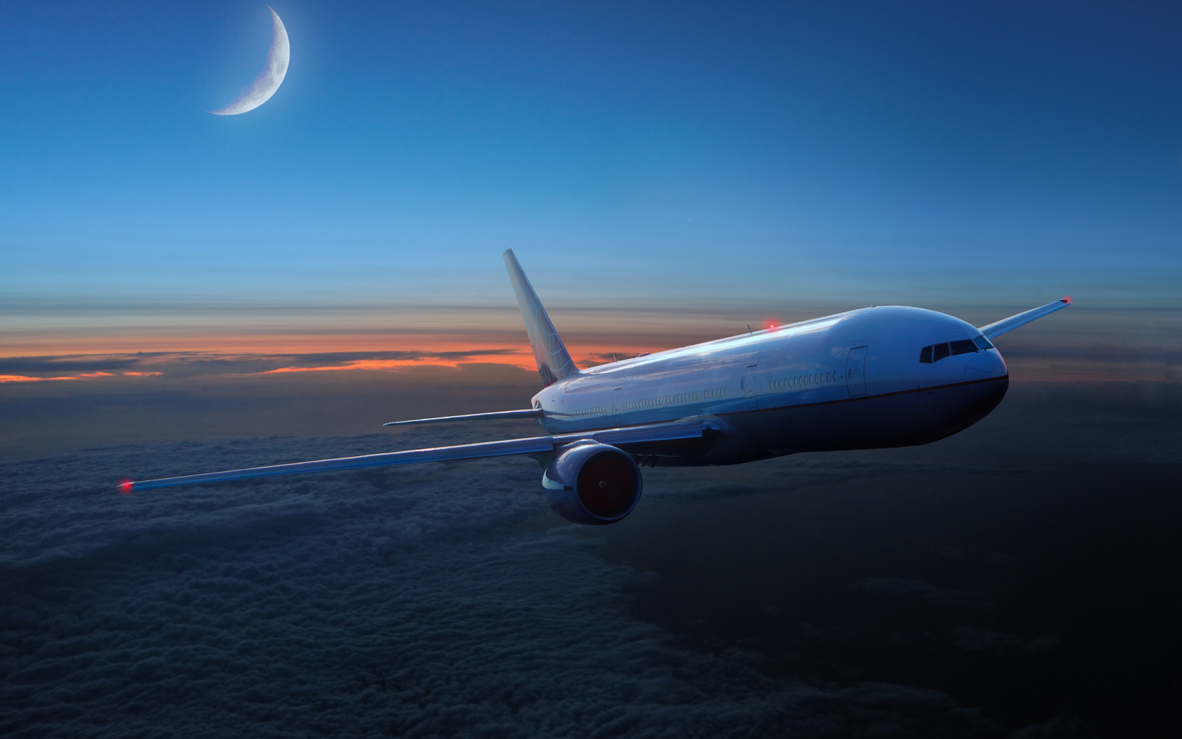 plane, flight, clouds, month, , moon