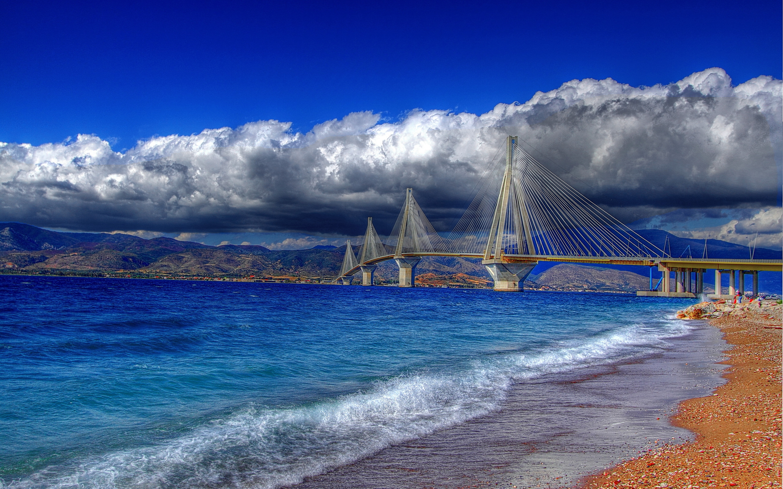 greece, bridge of rio-antirio, sea, coast, clouds