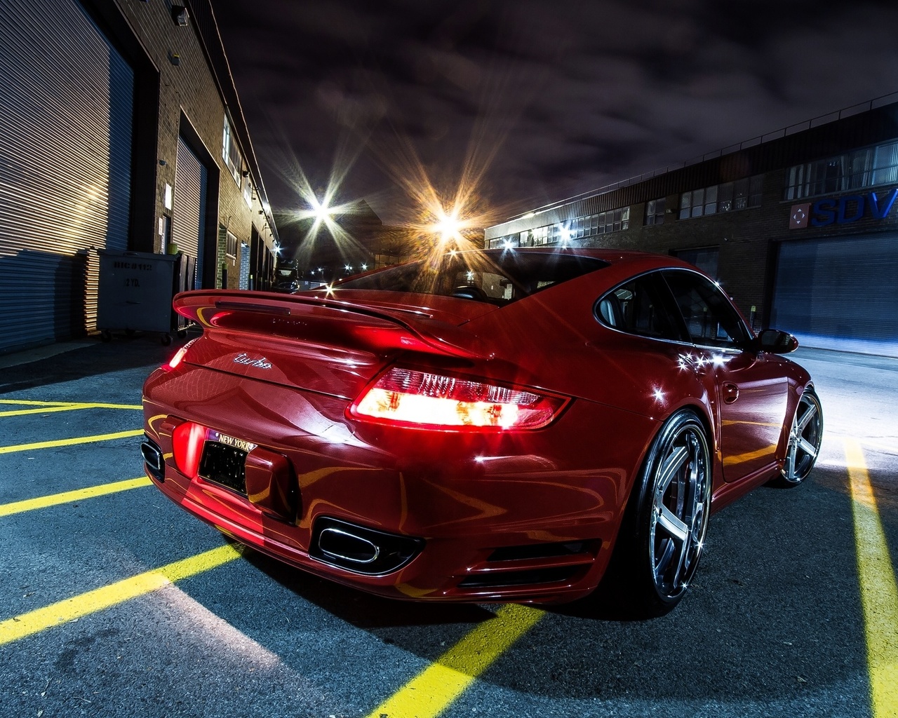 machine, red, porsche, night, bumper, asphalt