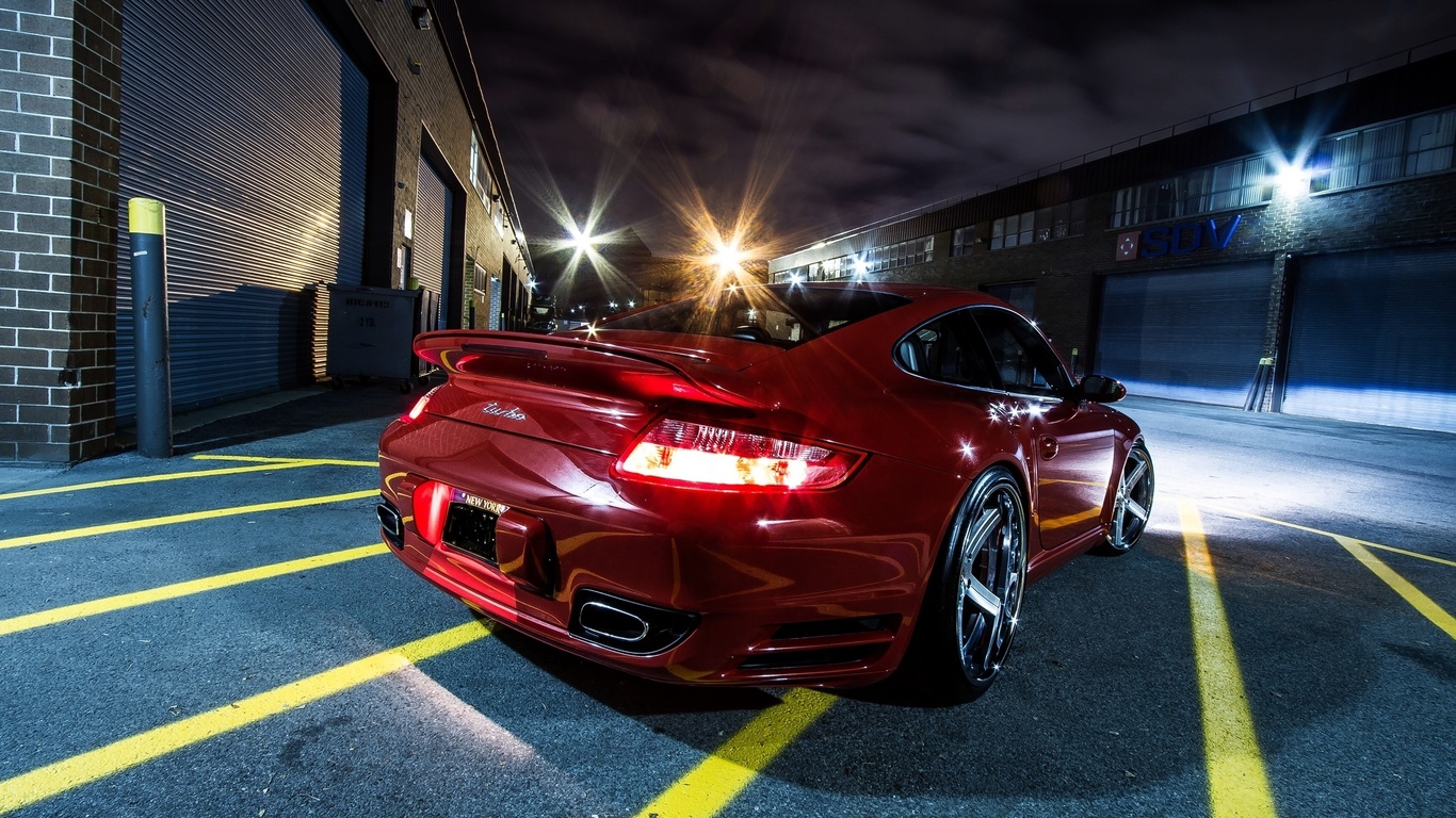 machine, red, porsche, night, bumper, asphalt