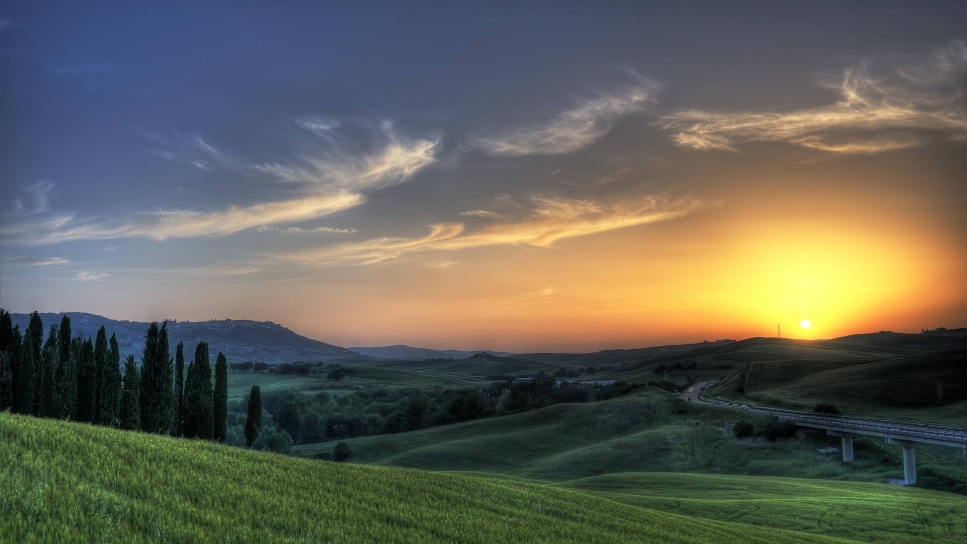 sunset, tuscany, grass, sky, sun