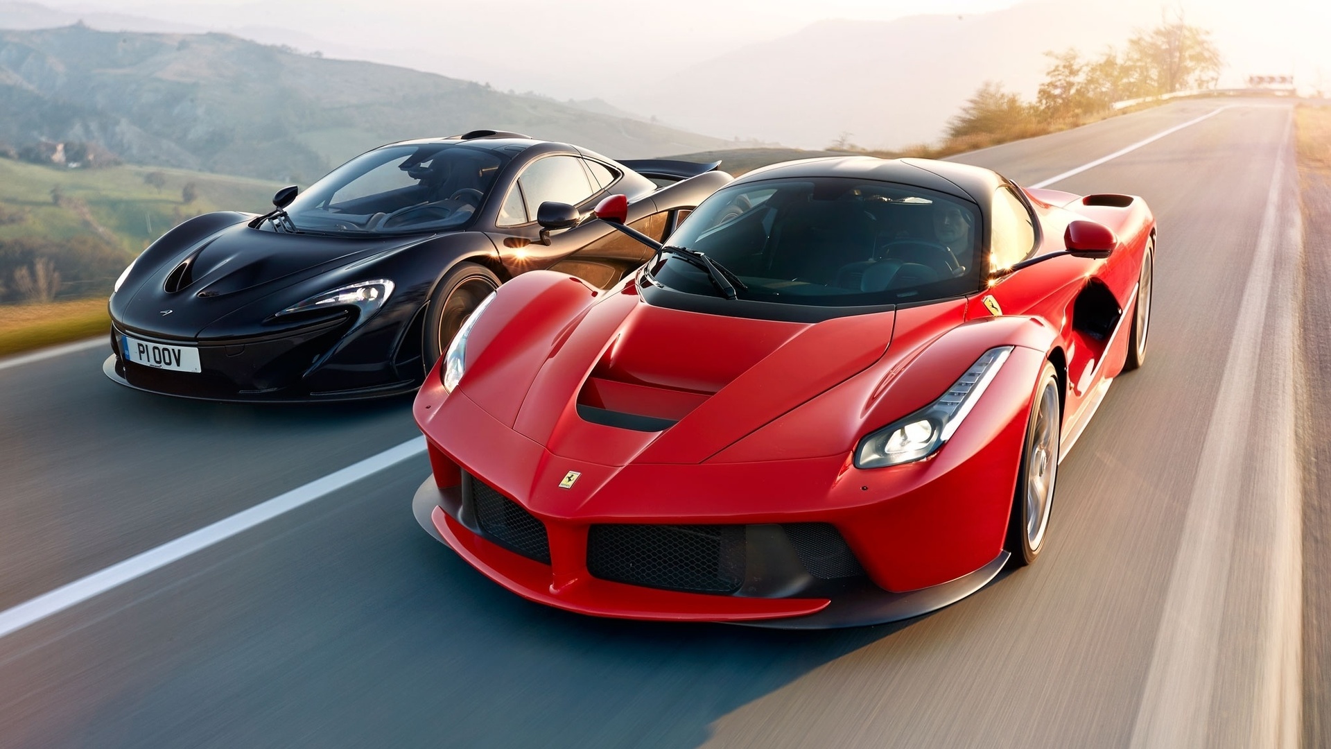 mclaren p1, laferrari, red, black, supercars, road, speed, sun, front, lead, power