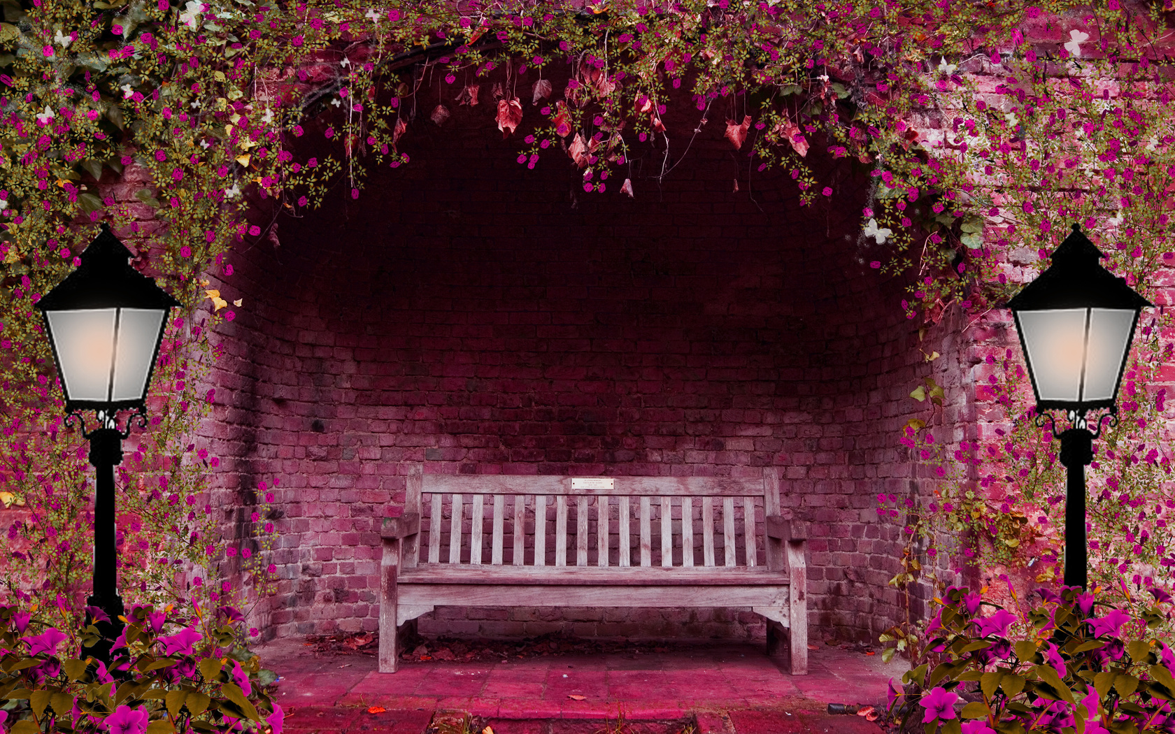 весенний сад, цветы, арки, скамейки, фонари, розовый