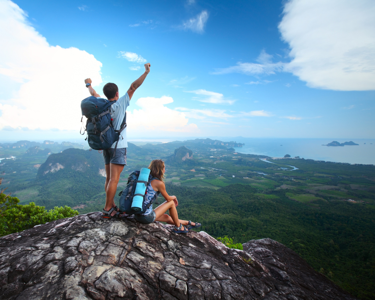 top, backpacks, tourism, girl, guy, valley. small river