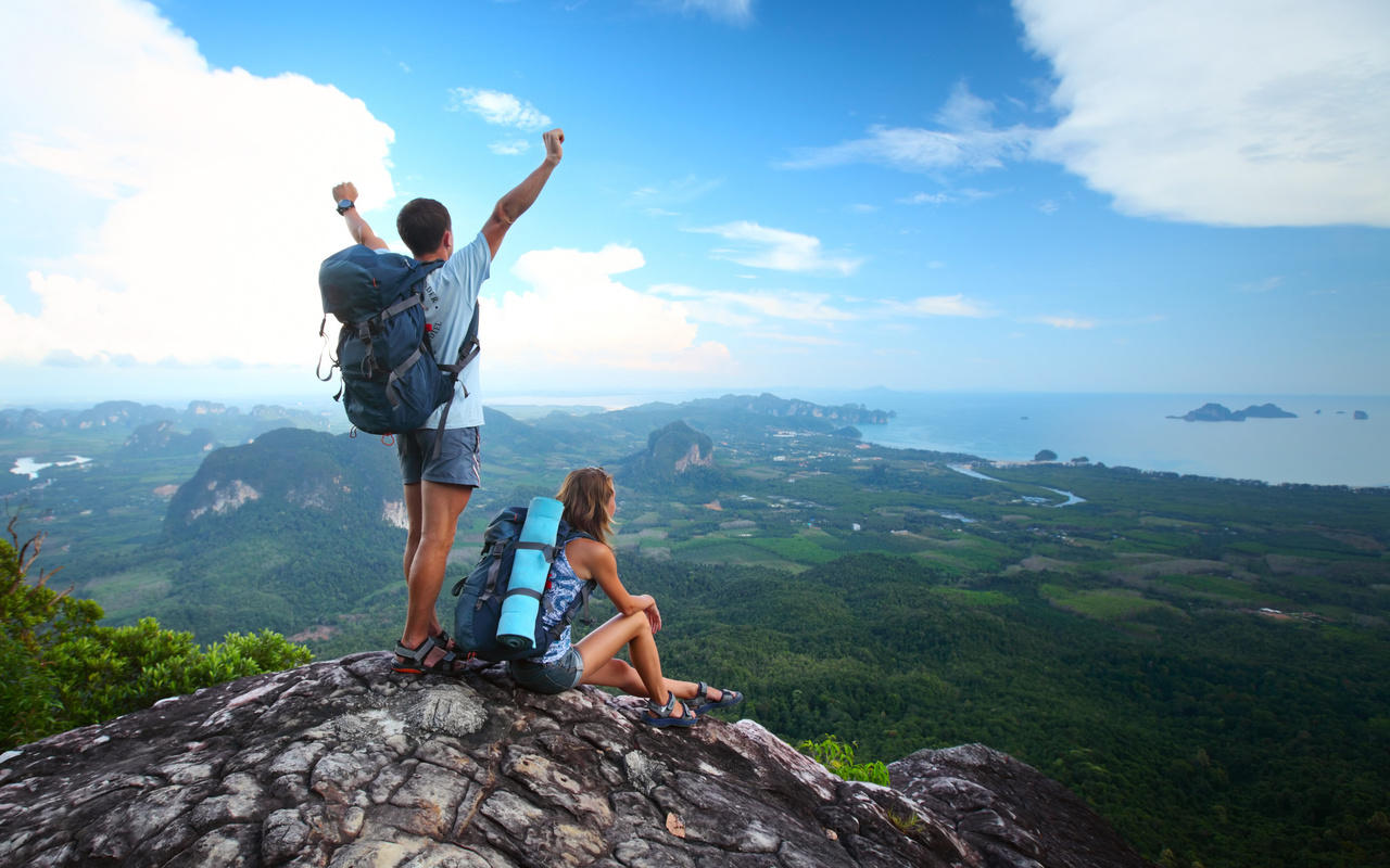 top, backpacks, tourism, girl, guy, valley. small river