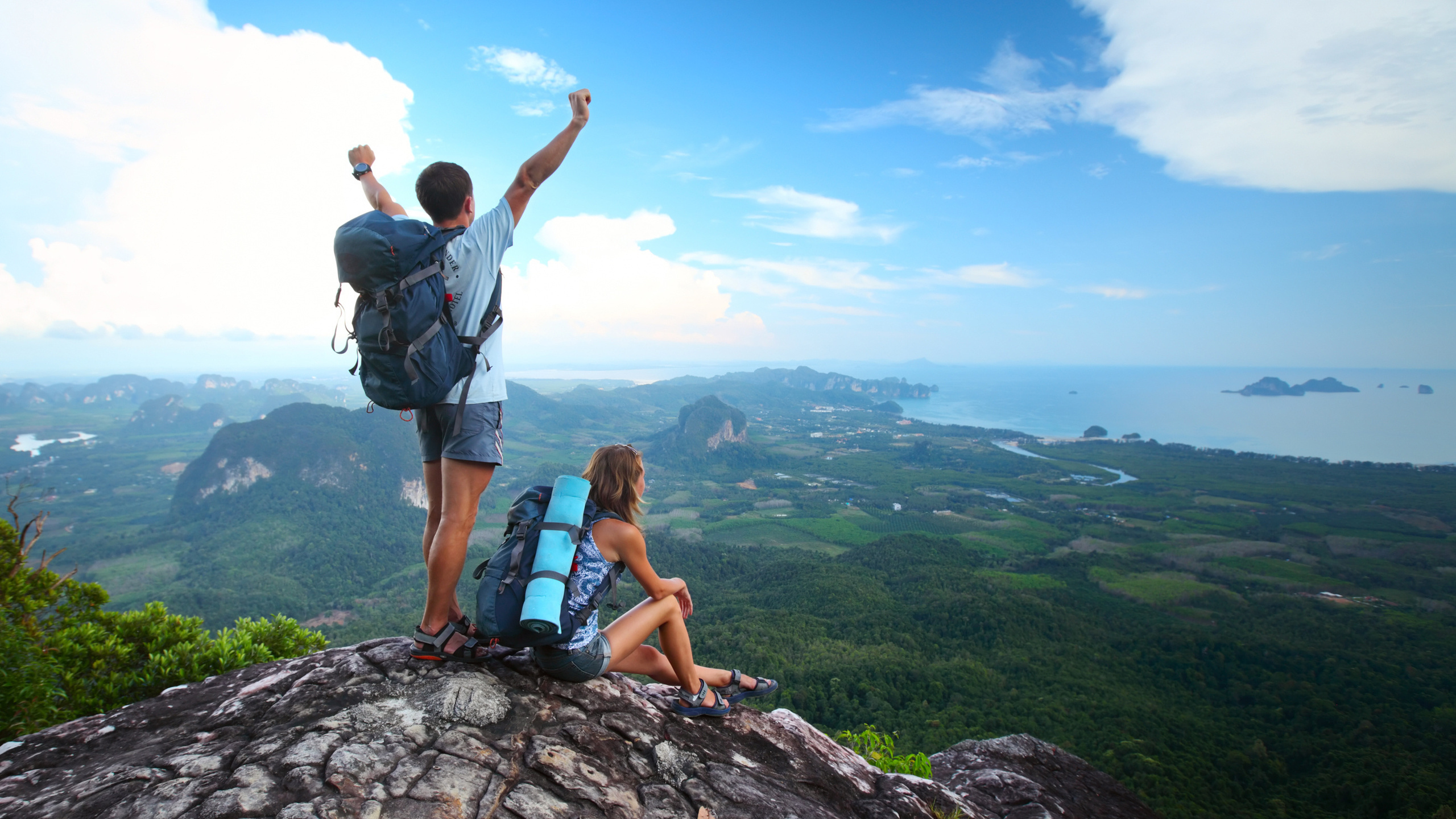 top, backpacks, tourism, girl, guy, valley. small river